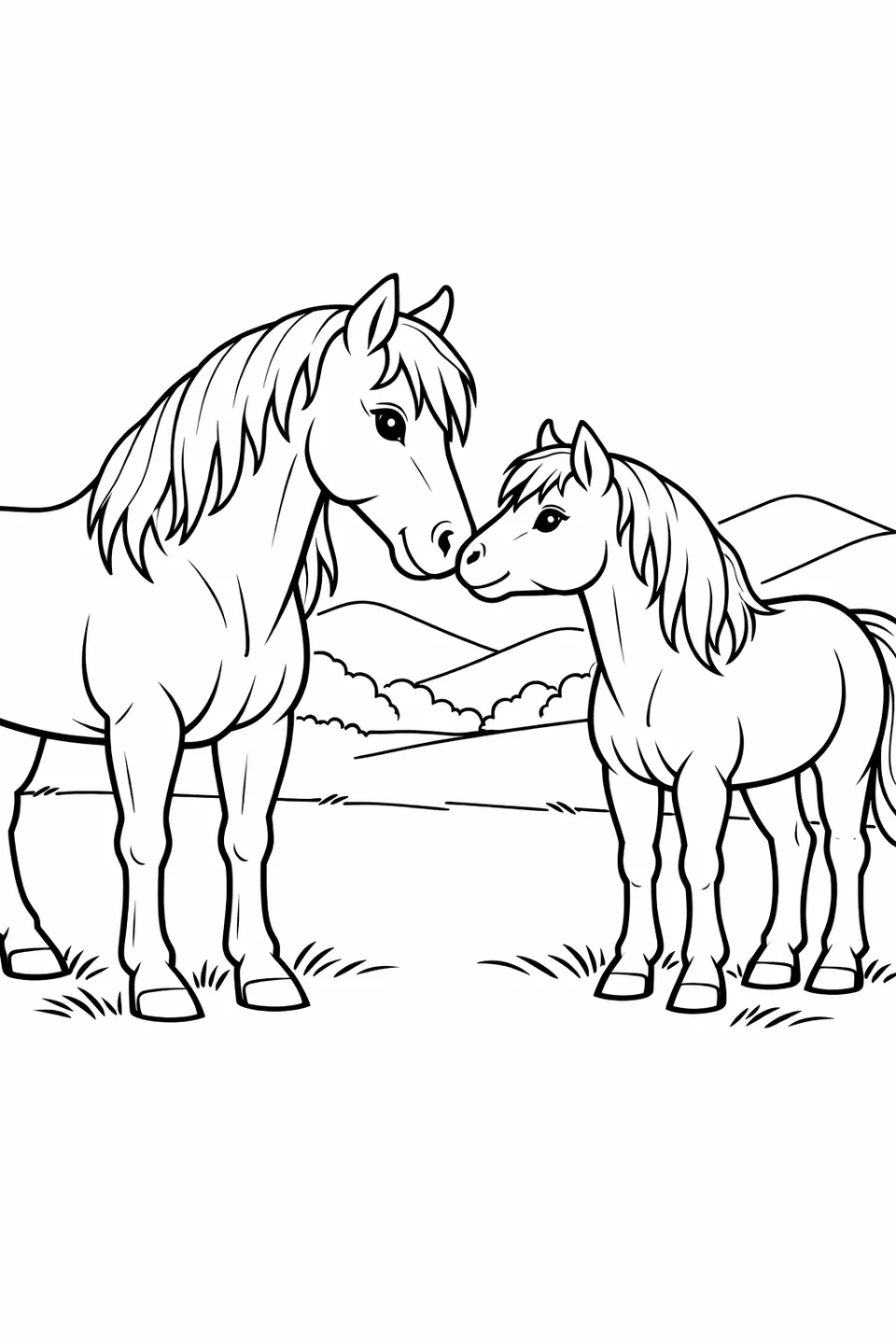 二頭の馬が向かい合い、鼻先を触れ合わせている。背景にはなだらかな丘の広がる草原。