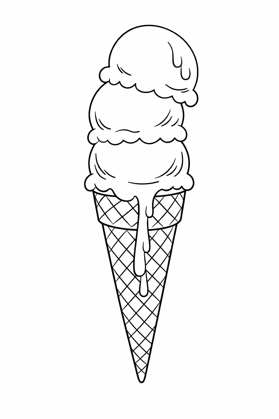 ワッフルコーンに積まれた3段のアイスクリーム、先端に向かって伸びる長いしずく、表面にはテクスチャがあります。