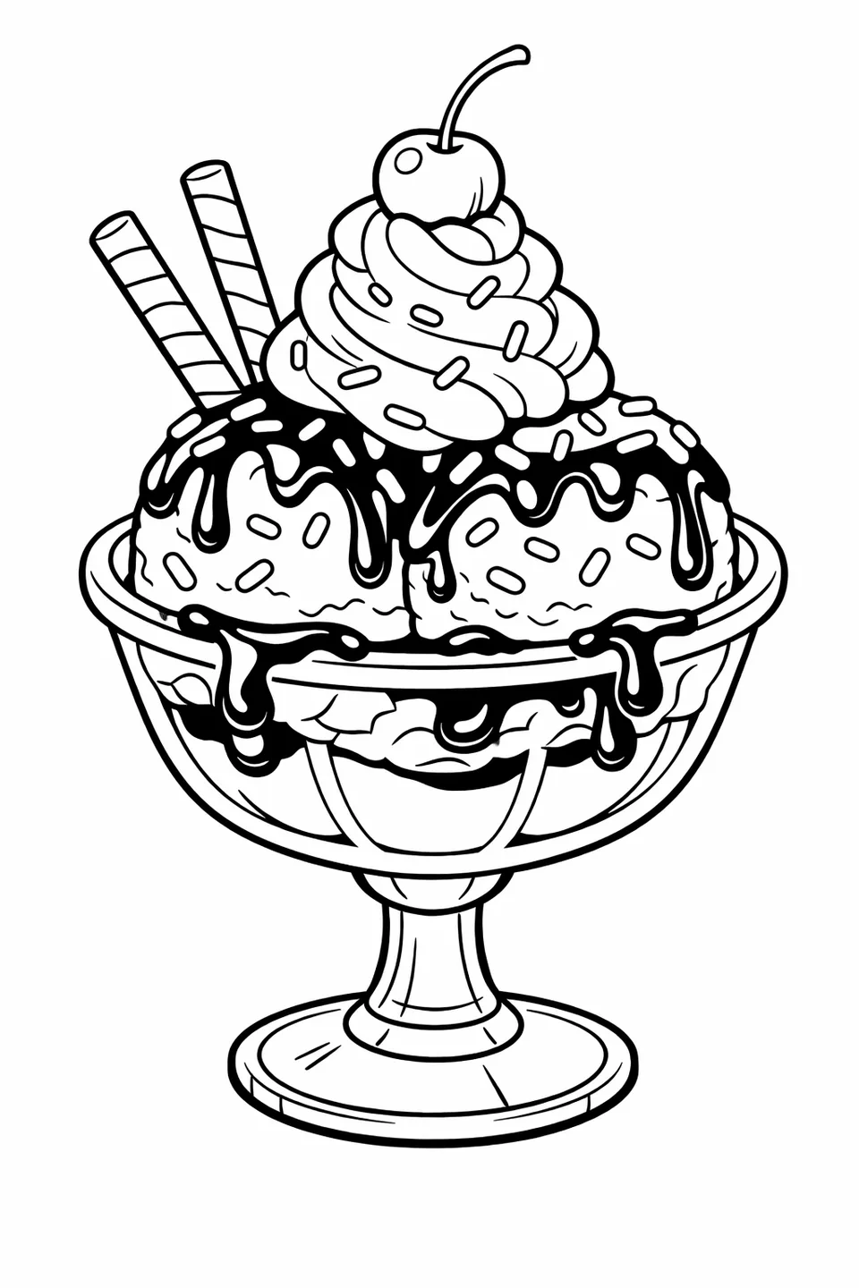 足付きグラスに入ったアイスクリームサンデー、2つのスクープ、ホイップクリームの渦、チェリー、チョコレートソース、スプリンクルがかかっています。