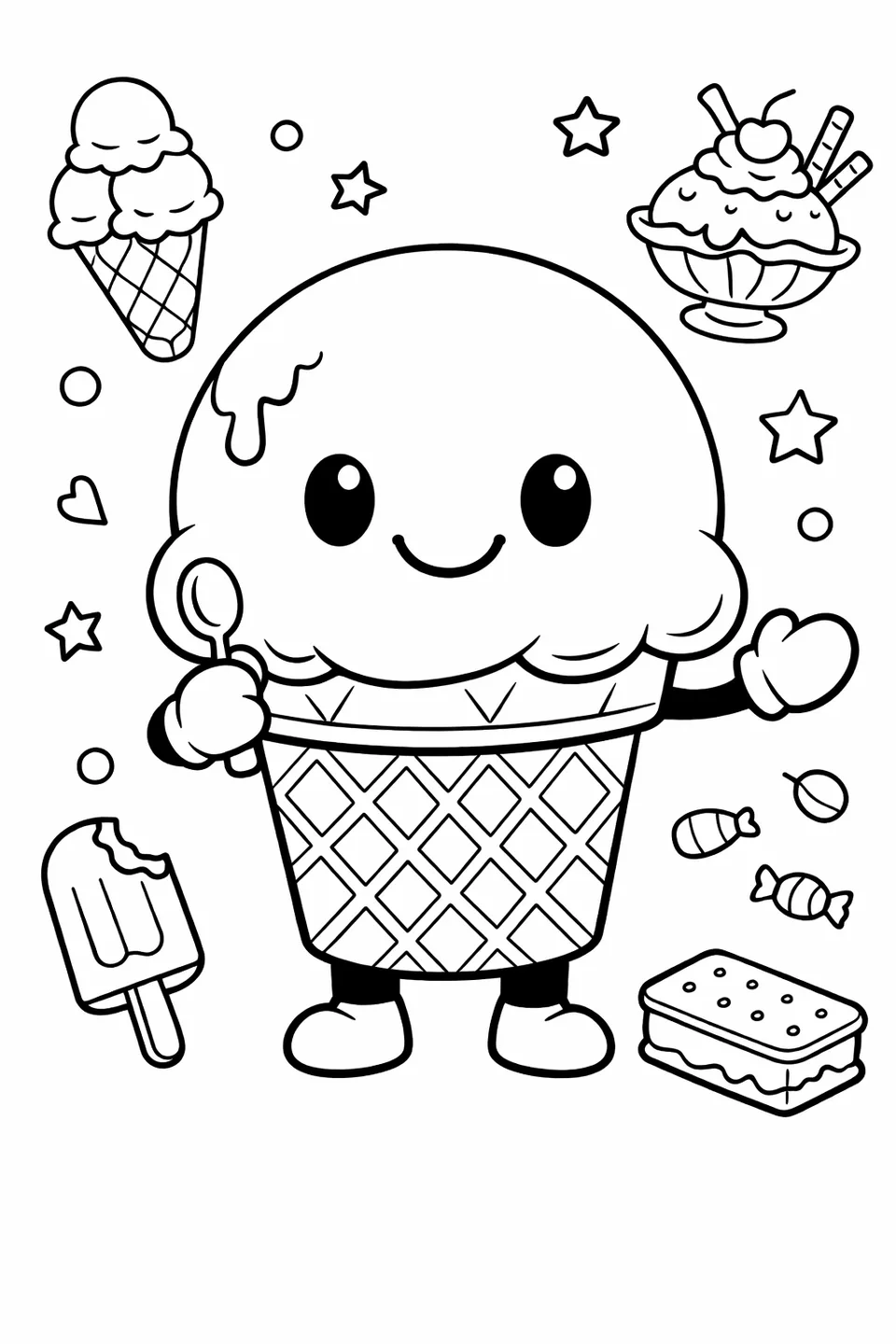 笑顔のカートゥーンアイスクリームコーンキャラクター、片方の腕を上げ、もう片方の腕で小さなスプーンを持ち、2本の短い丸い脚があります。