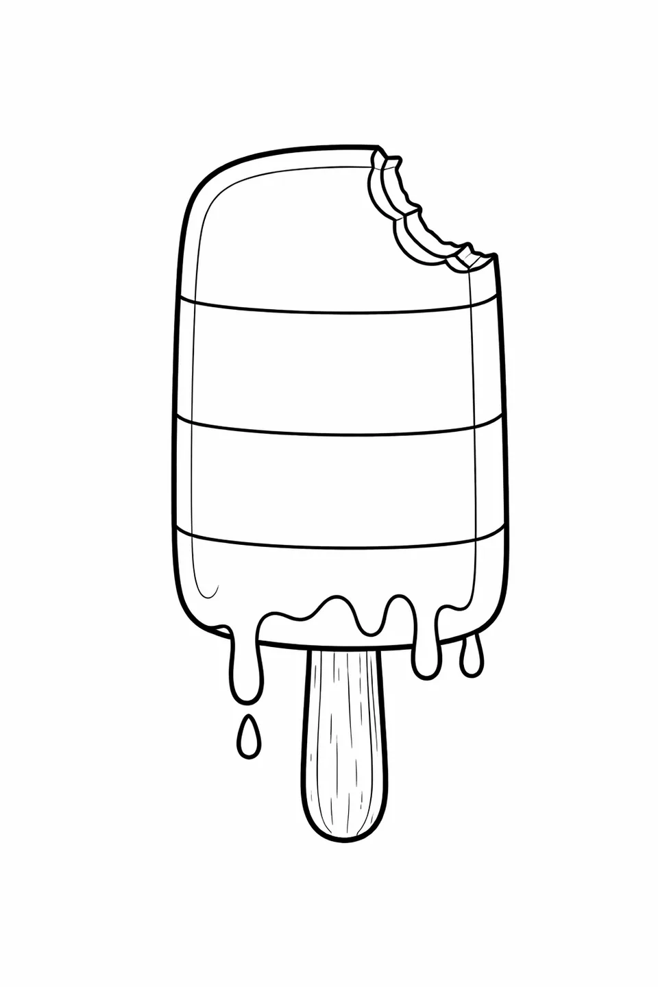 木製の棒に付いた四角いしましまアイスキャンディー、角にかじり跡があり、底辺に沿ってしずくがあります。