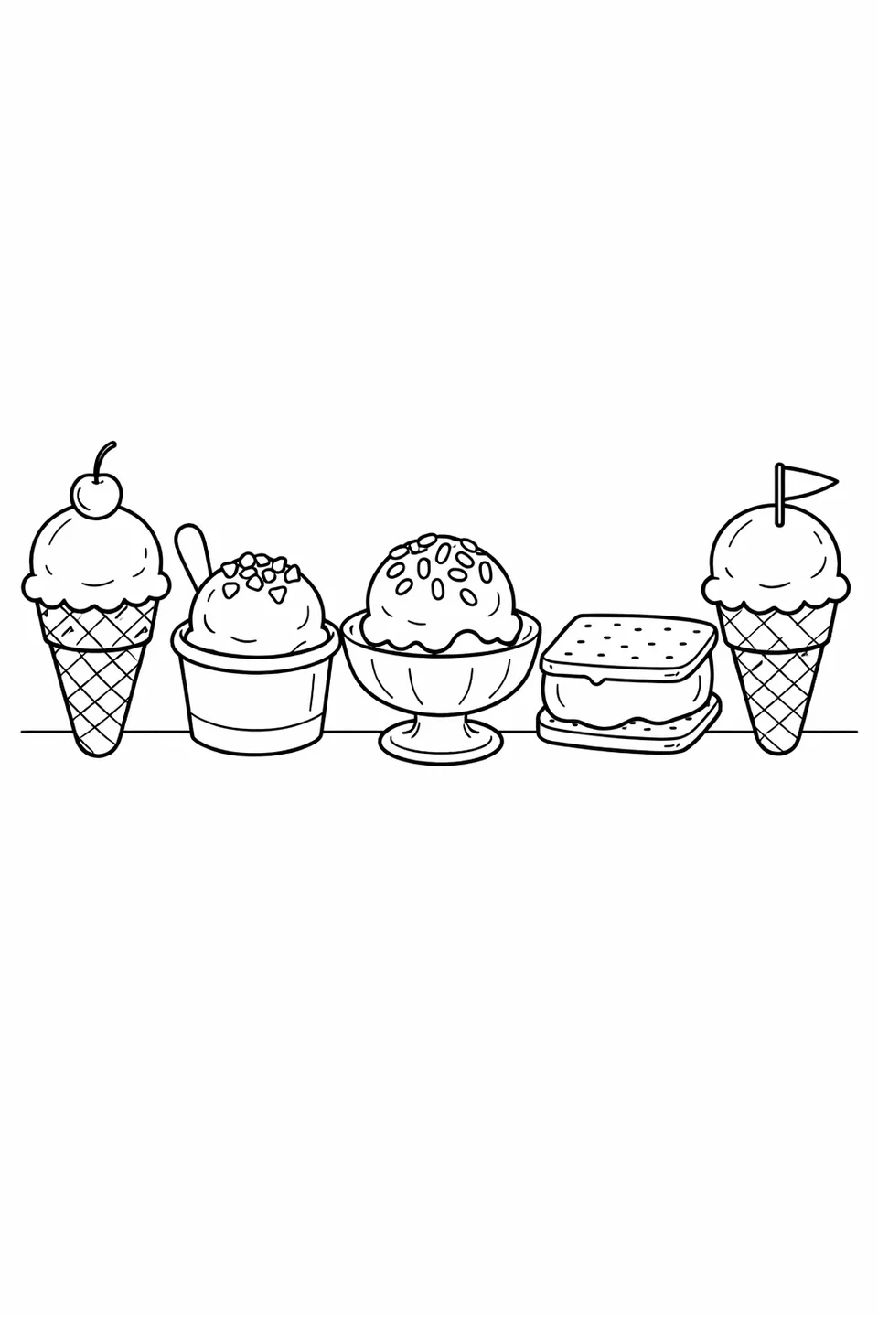 異なる容器に入った5種のアイスクリームが横一列に並んでおり、それぞれチェリー、スプリンクル、ナッツ、チョコレートソース、小さな旗など、違うトッピングがされています。