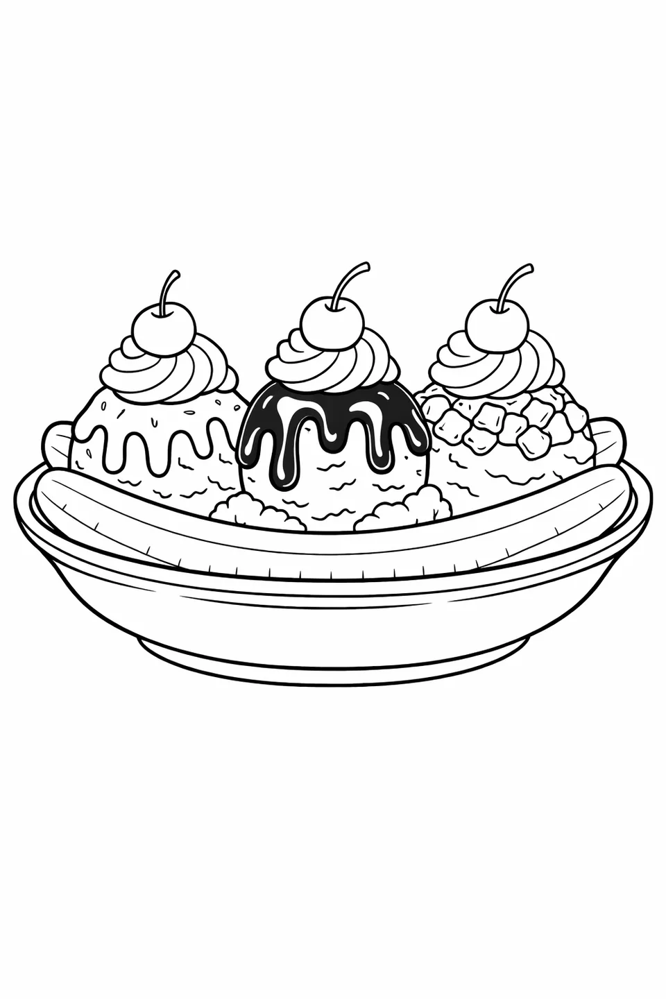 楕円形の器に入ったバナナ分割。3つのアイスクリームがバナナ半分で挟まれ、3種類のソースとホイップクリーム、チェリーが添えられています。