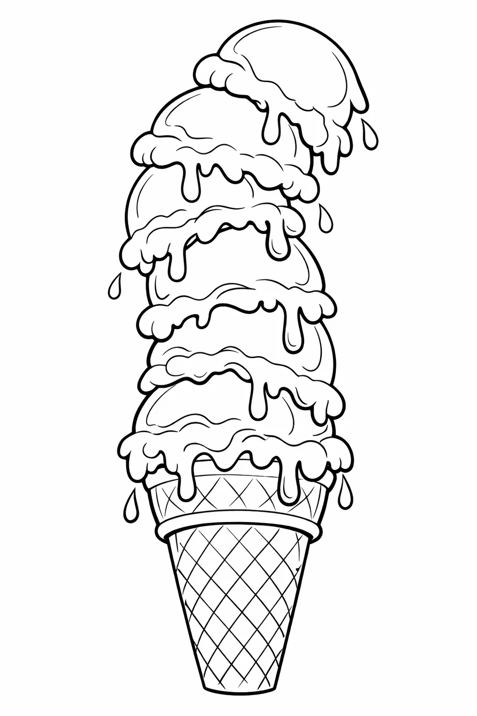 交互のフレーバーのアイスクリームが5段積まれた、大きく傾いたアイスクリームコーン。厚い溶けたソースが各層を滴り落ちています。