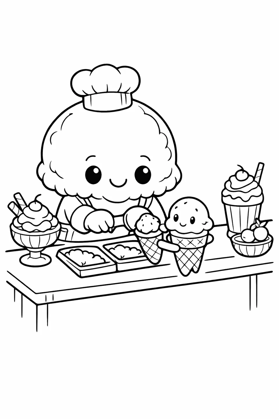 シェフ帽とエプロンをつけた丸いアイスクリームのキャラクターが、ミニチュアカウンター越しに小さなコーンのキャラクターにコーンをサーブしています