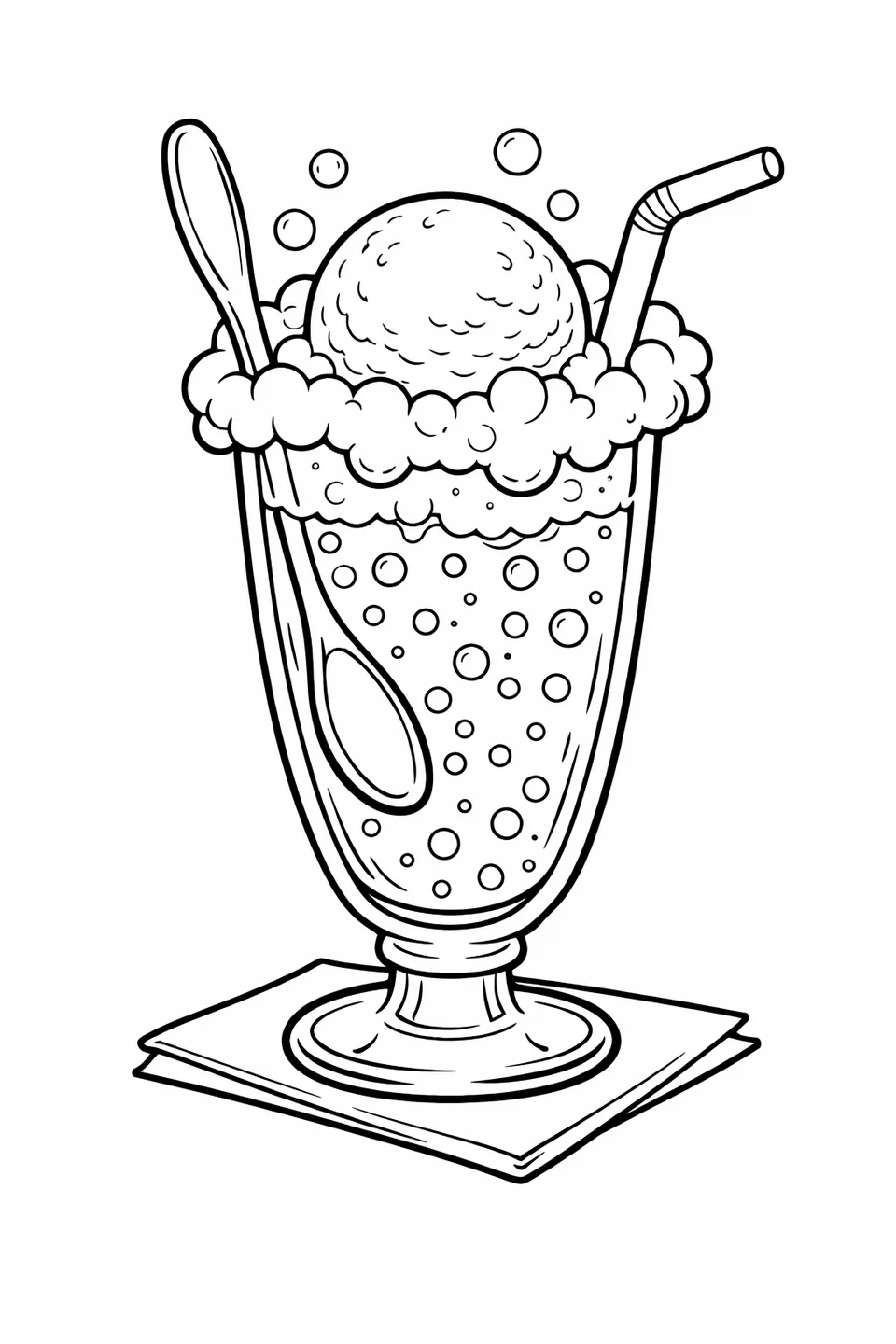 背の高いグラスに入ったアイスクリームフロート。炭酸飲料の上にスクープが載り、泡がスクープの周りに立ち上り、長いスプーンと太いストローが縁にあります