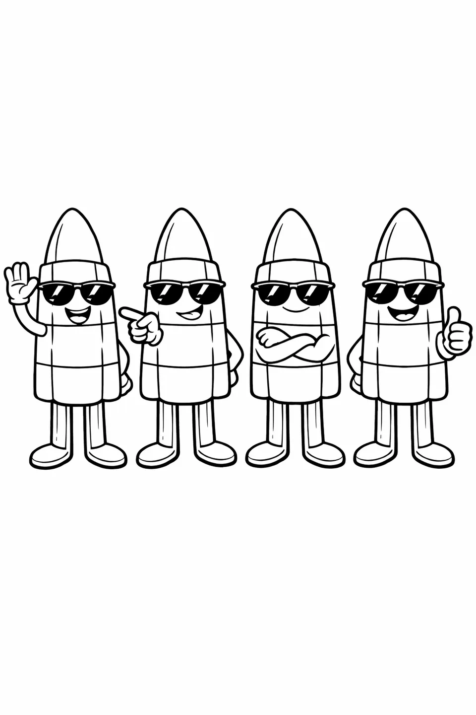 縞模様のロケット型アイスキャンディーのキャラクター4体。サングラスをかけ、木製の棒の足で立ち、それぞれ異なる腕のジェスチャーをしています