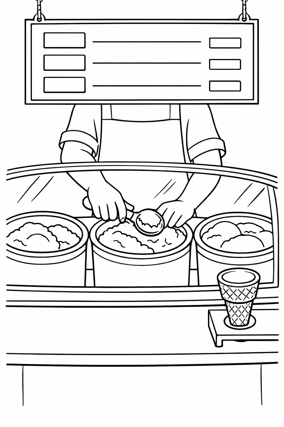 アイスクリームショップのカウンター、3つのフレーバーが入ったガラスケース、メニューボード、取っ手付きのアイスクリームスクープ、空のコーン