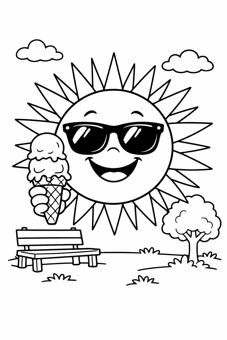 サングラスをかけた太陽のキャラクターがダブルスクープのアイスクリームコーンを持っている。背後には公園のベンチと木