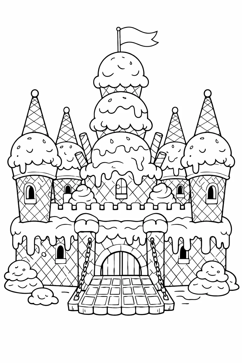 アイスクリームのコーン、スクープ、ワッフル生地でできたお城。4つのコーンの塔、ワッフル生地の跳ね橋、アイシングの滴る壁、一番高い塔にはペナント旗があります。