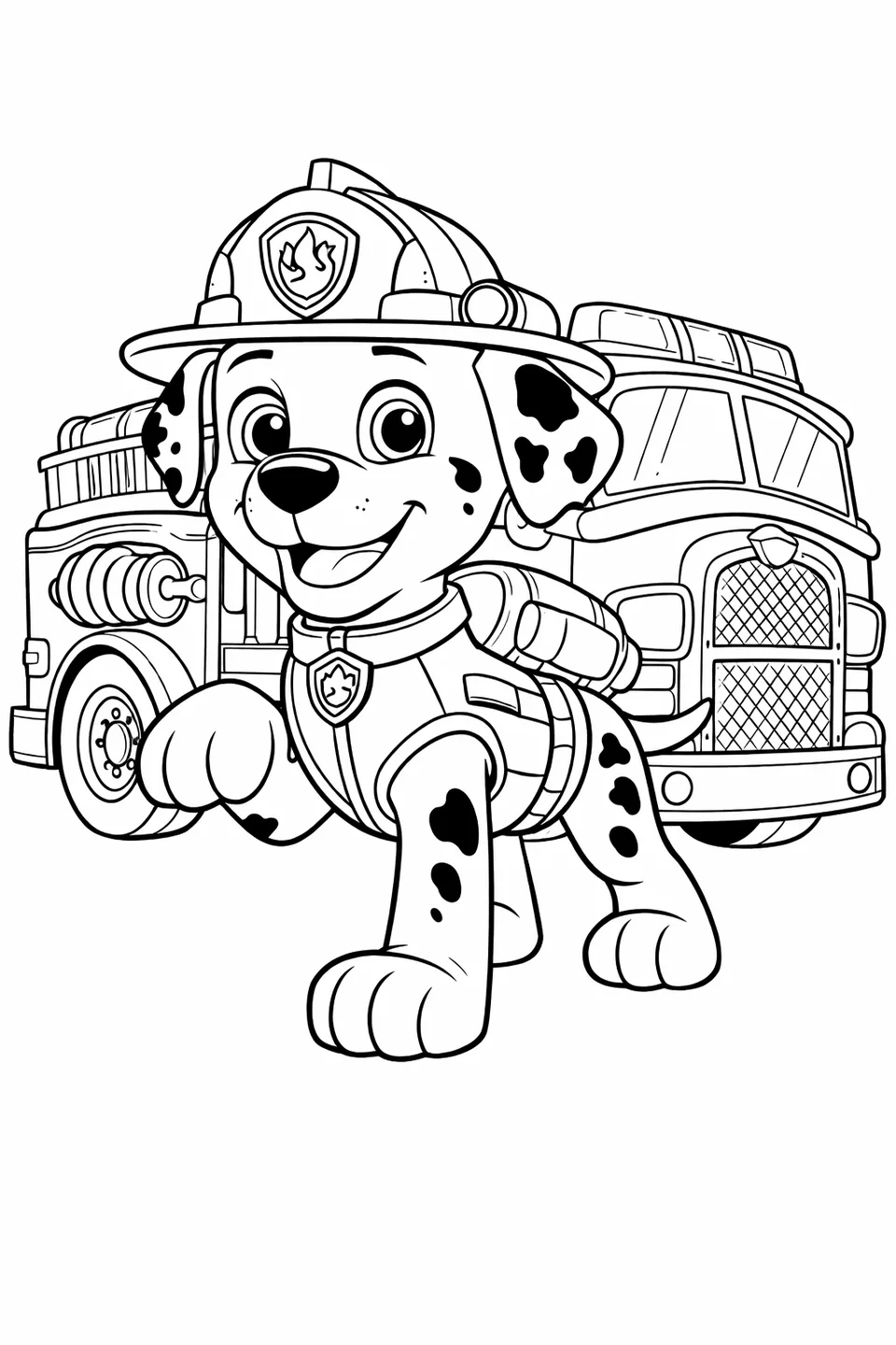 Marshall the Dalmatian pup in a red firefighter helmet and uniform standing in front of a fire truck with a ladder