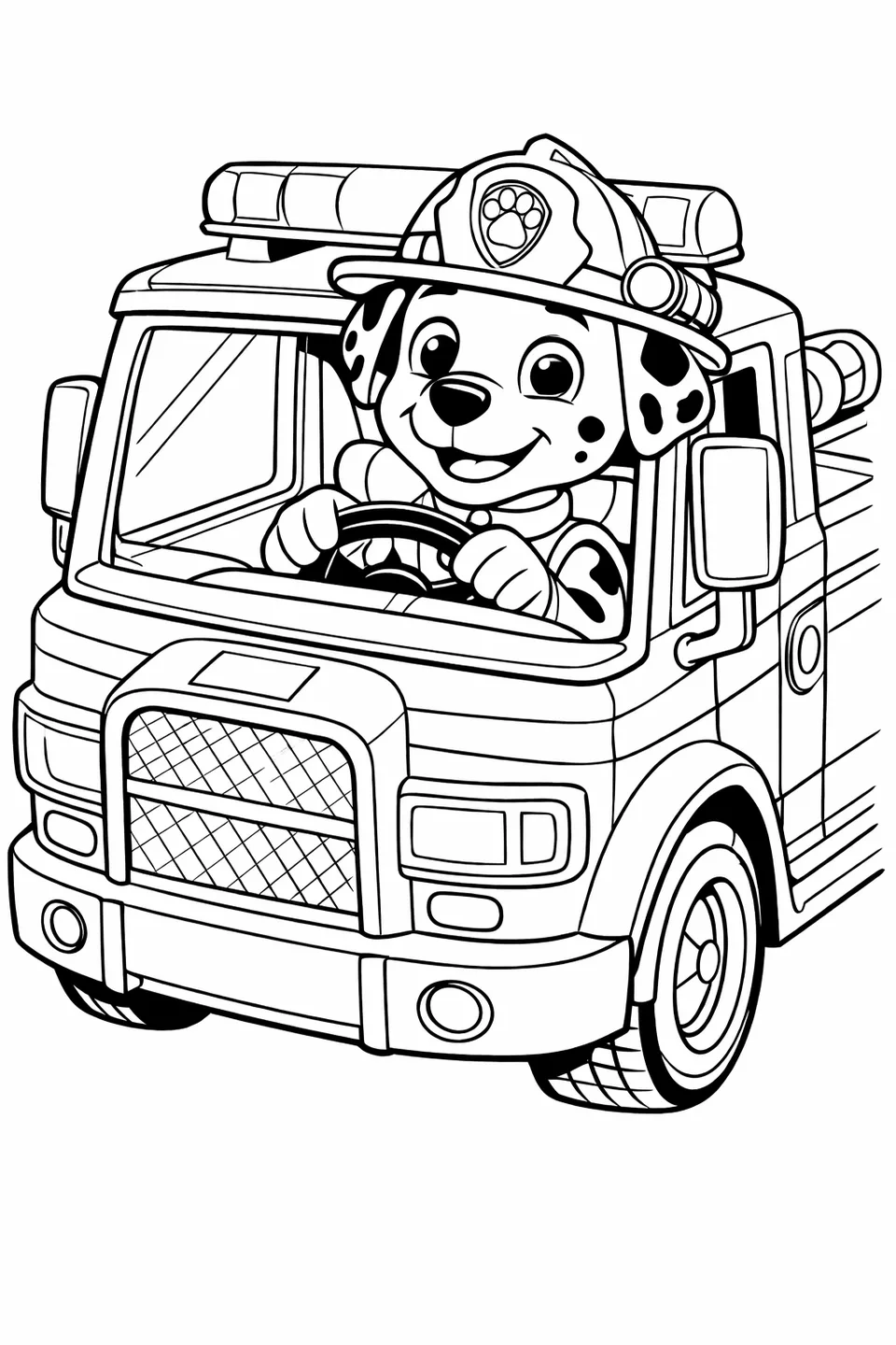 Marshall the Dalmatian puppy in a red helmet sitting behind the wheel of his fire truck cab