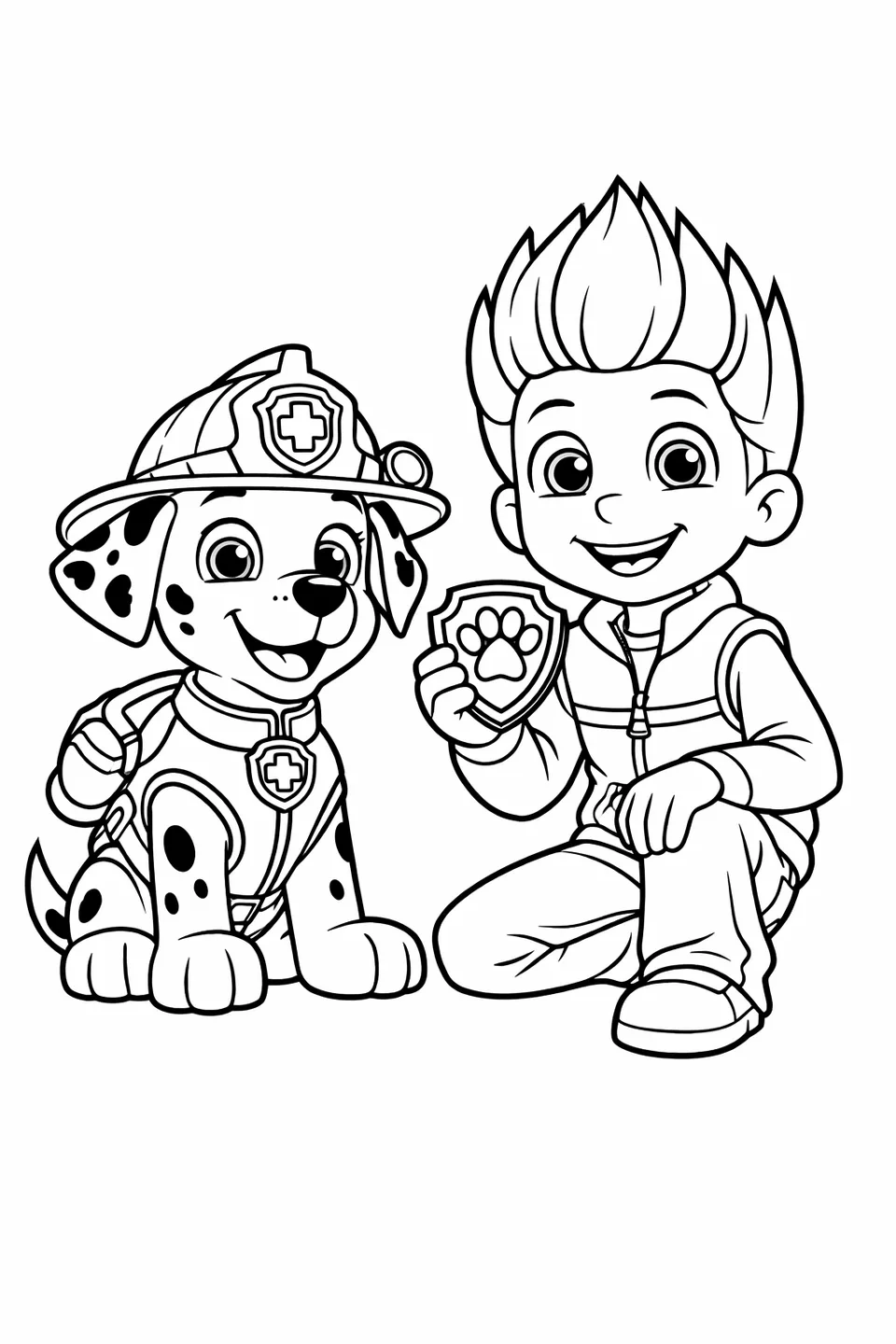 Marshall the Dalmatian pup in fire and medical uniform sitting next to Ryder who holds a PAW Patrol badge