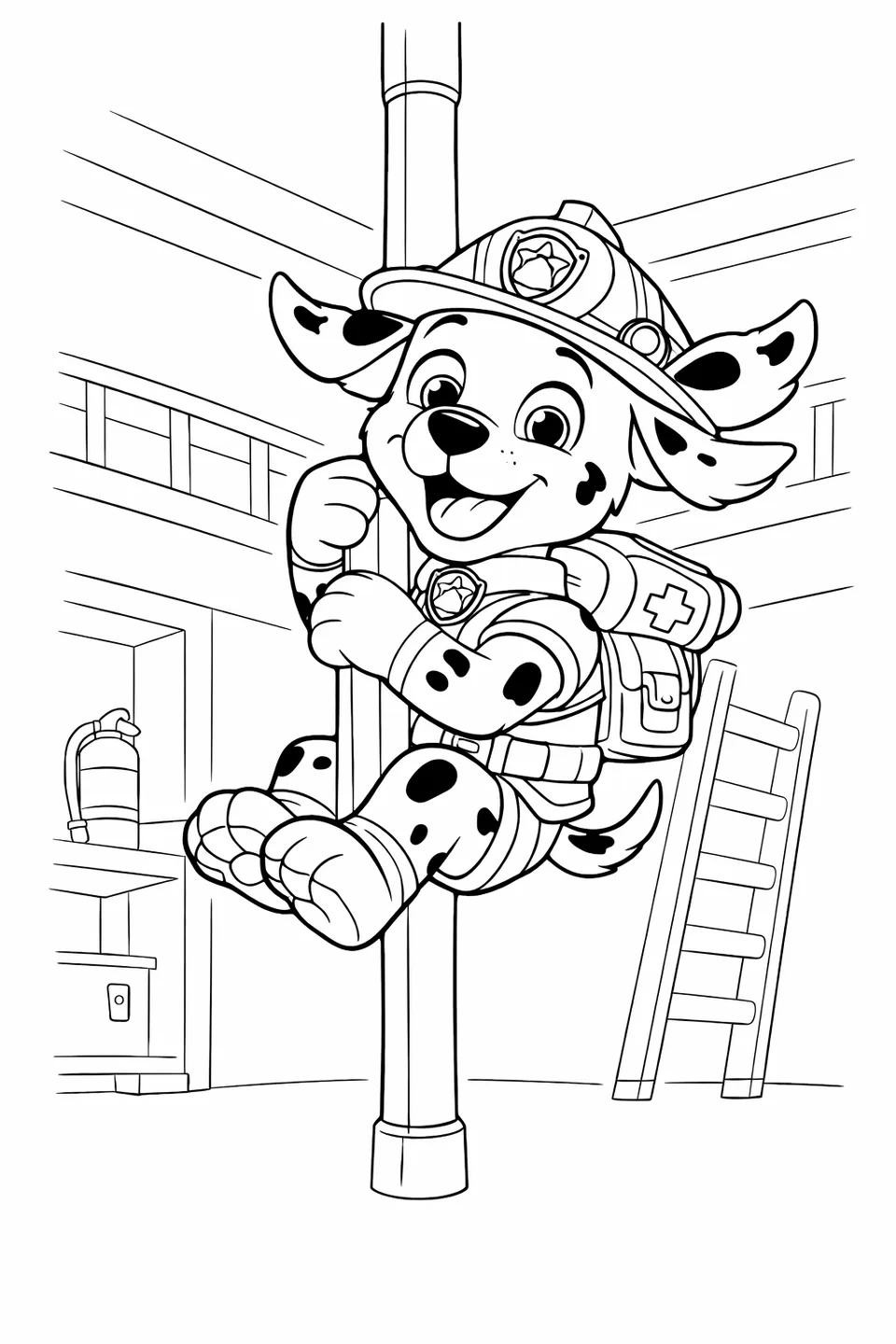 Marshall the Dalmatian puppy sliding down a fire pole with his ears flying up and a happy expression