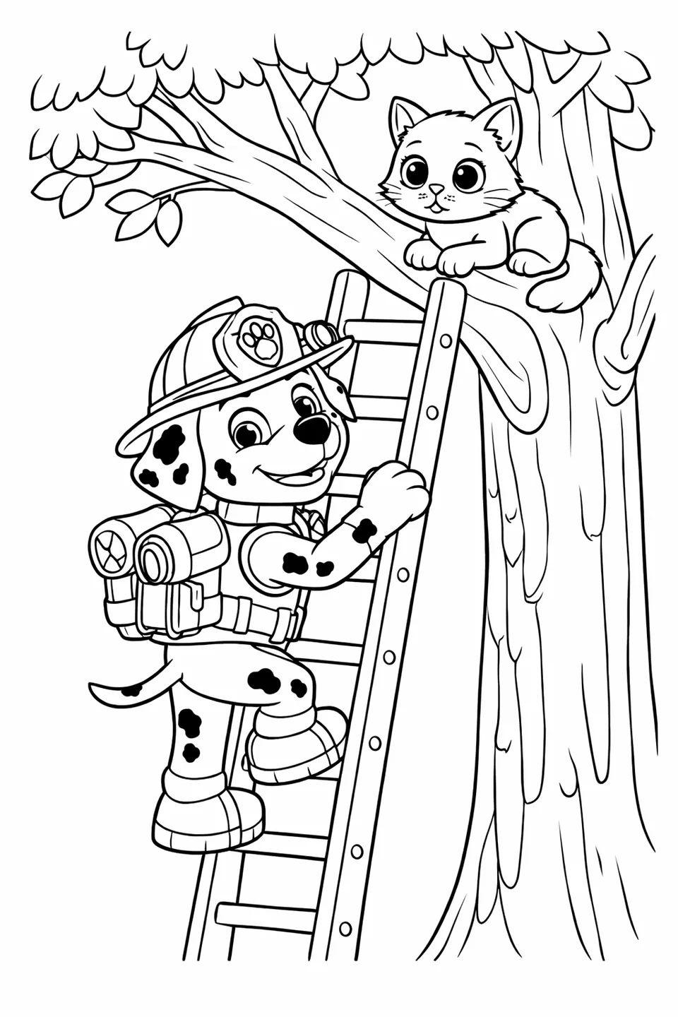 Marshall the Dalmatian pup in a firefighter helmet climbing a ladder toward a kitten on a tree branch