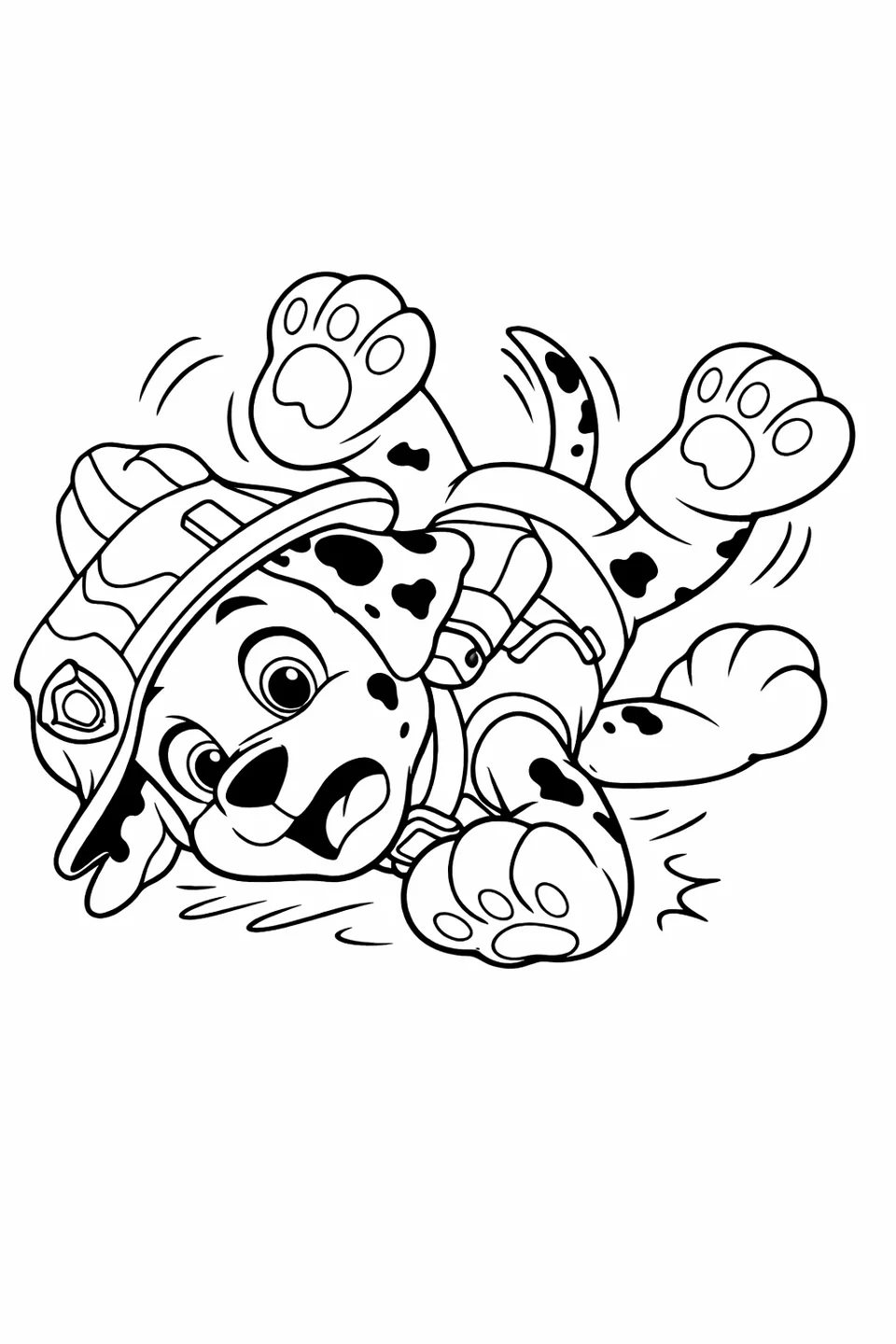 Marshall the Dalmatian puppy tripping forward with paws in the air and his red helmet tilted sideways