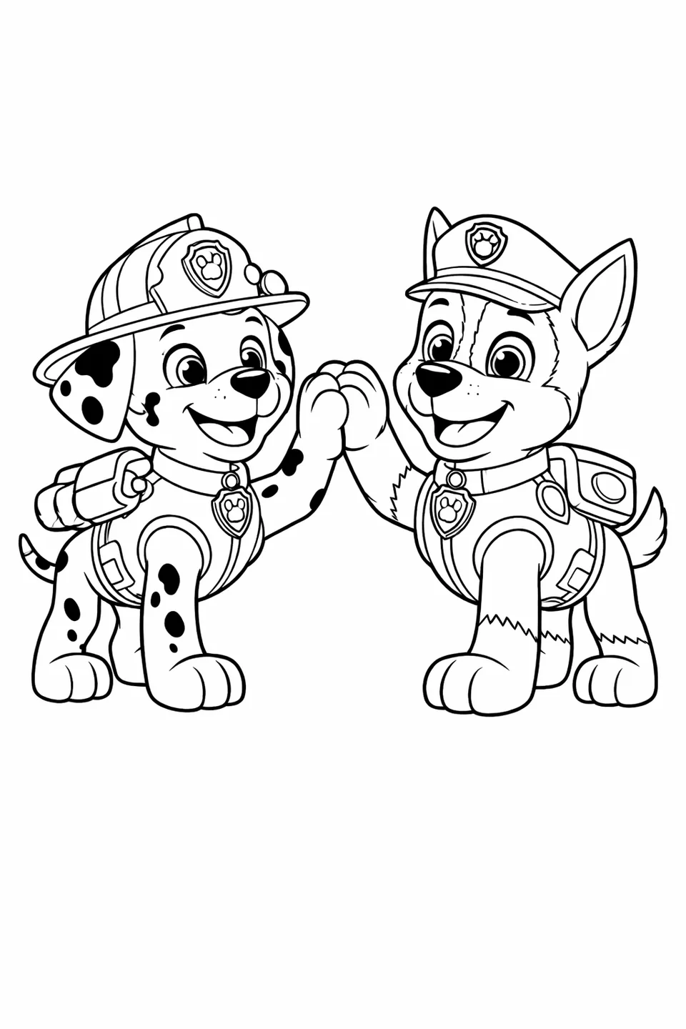 Marshall the Dalmatian pup and Chase the German Shepherd in uniforms doing a high-paw together