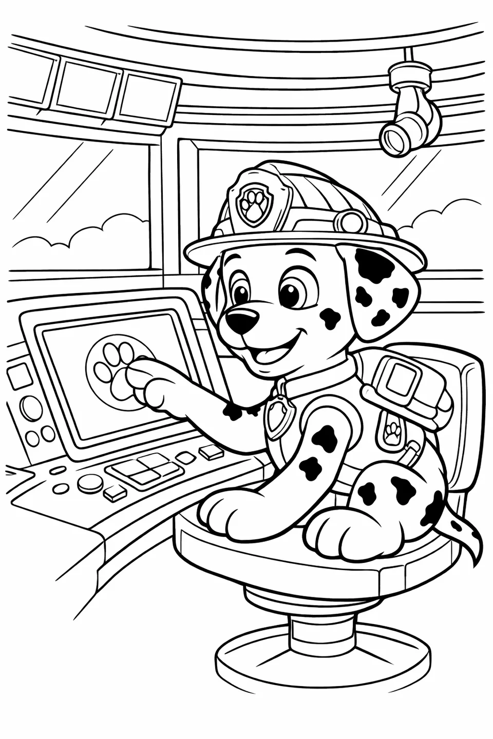 Marshall the Dalmatian pup tapping a glowing circular pup pad screen inside the Lookout control room