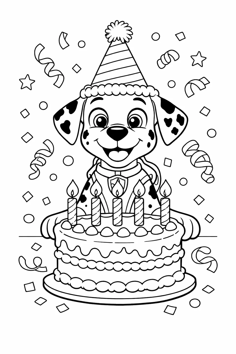 Marshall the Dalmatian puppy in a birthday hat sitting in front of a layered cake with candles and confetti