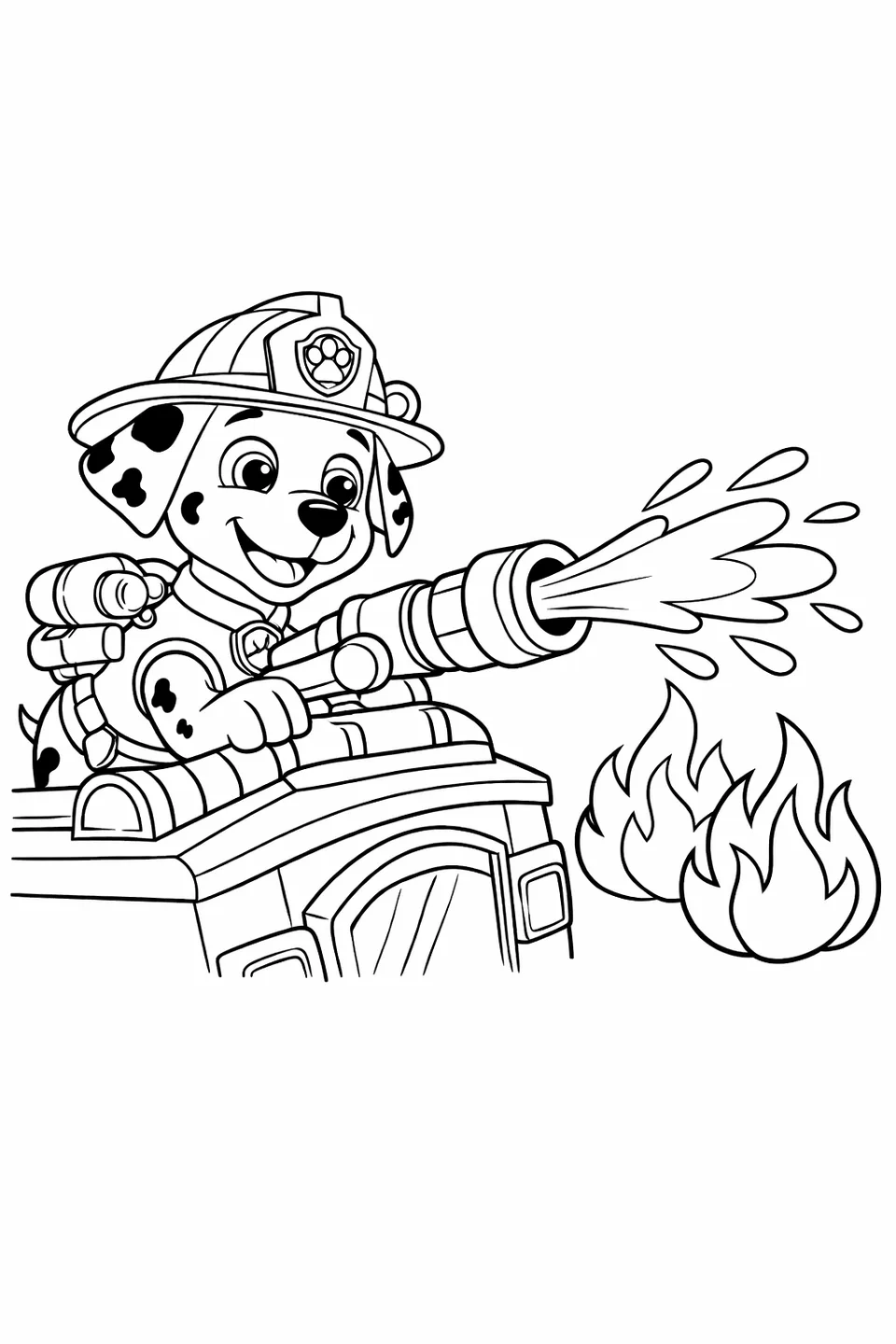 Marshall the Dalmatian pup operating a water cannon on his fire truck pointed at cartoon flames