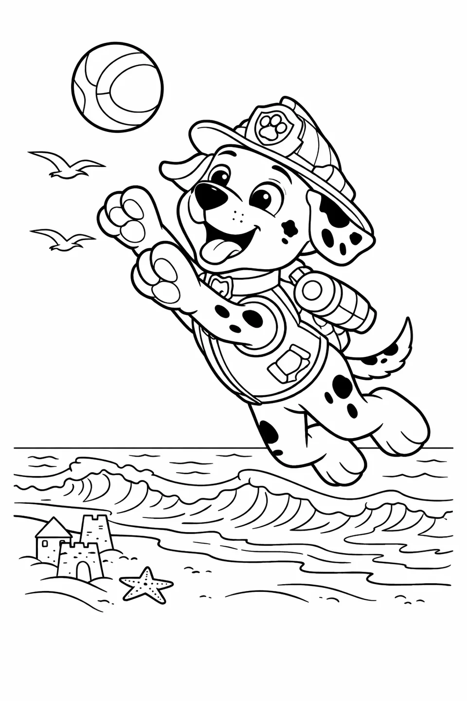 Marshall the Dalmatian puppy jumping to catch a ball on a beach with waves and seagulls in the background