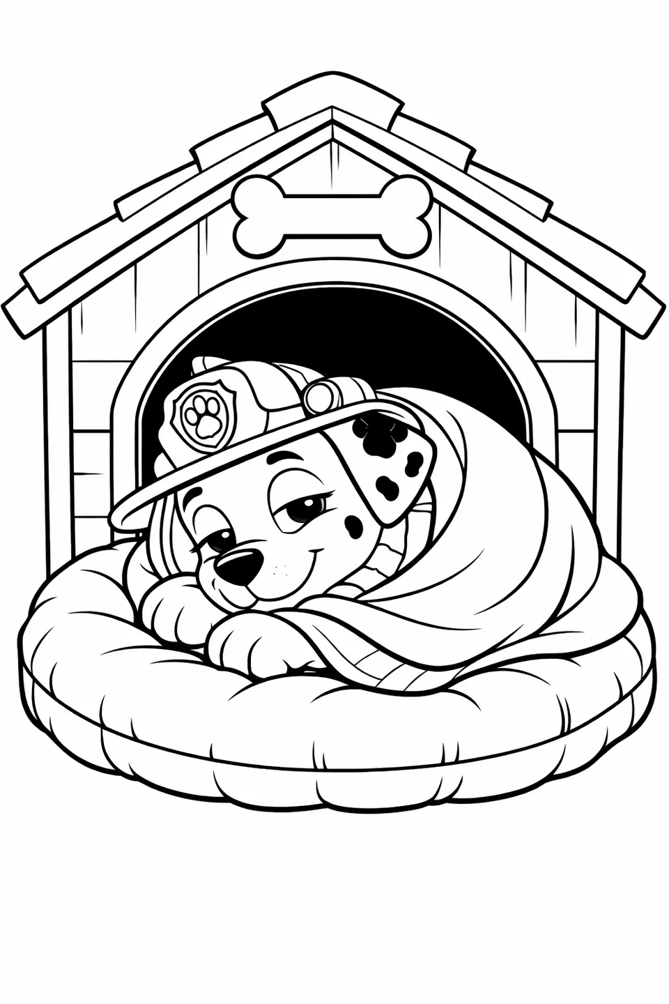 Marshall the Dalmatian pup curled up under a blanket on a cushion inside his pup house