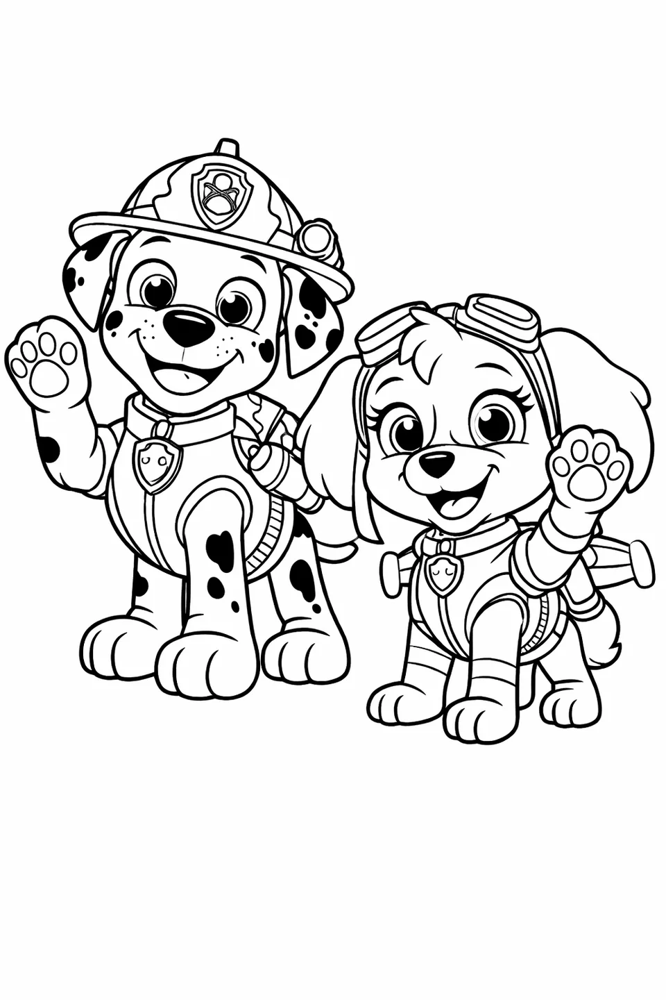 Marshall the Dalmatian pup and Skye the Cockapoo in their uniforms standing side by side waving