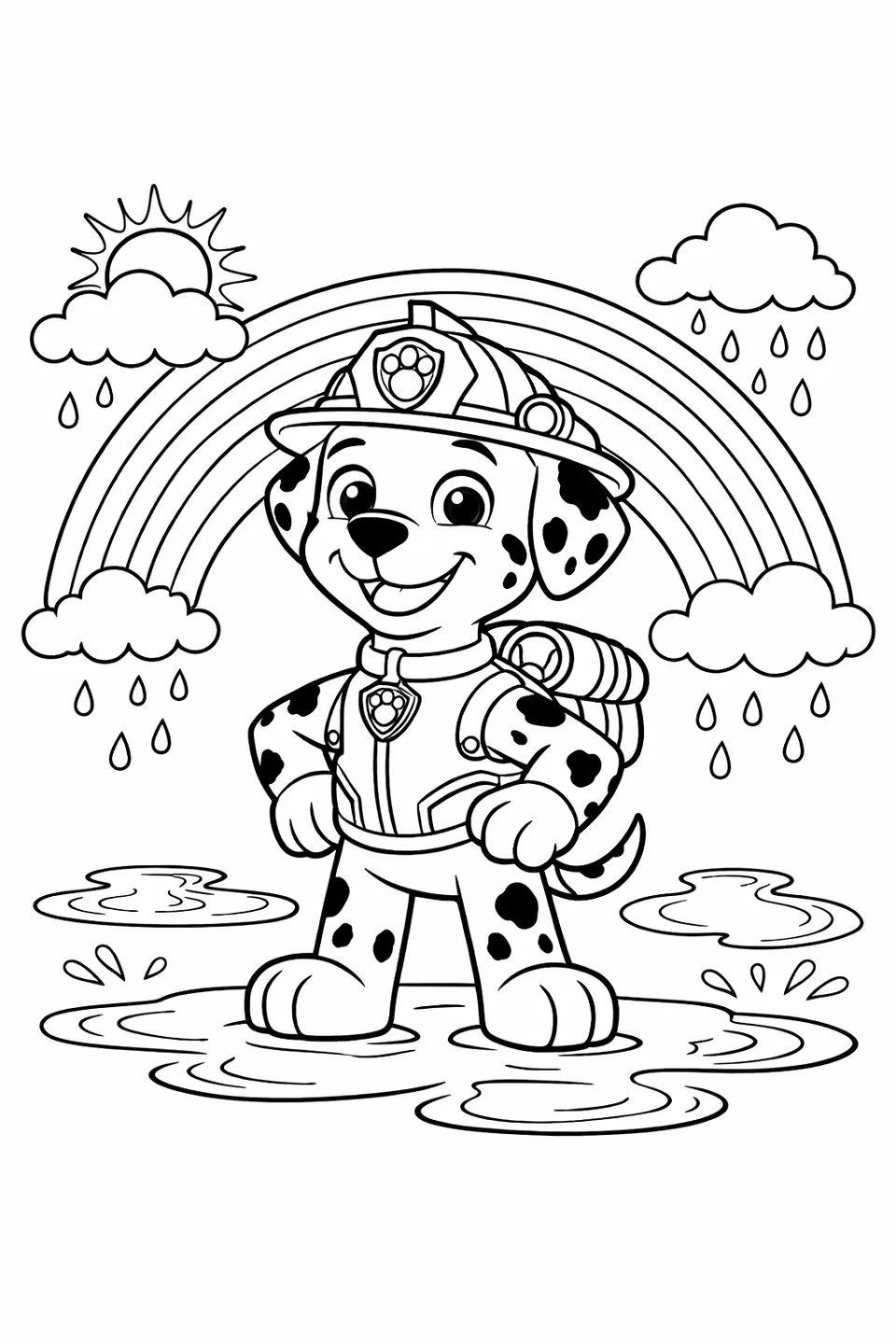 Marshall the Dalmatian pup standing with paws on hips in front of a rainbow with puddles on the ground