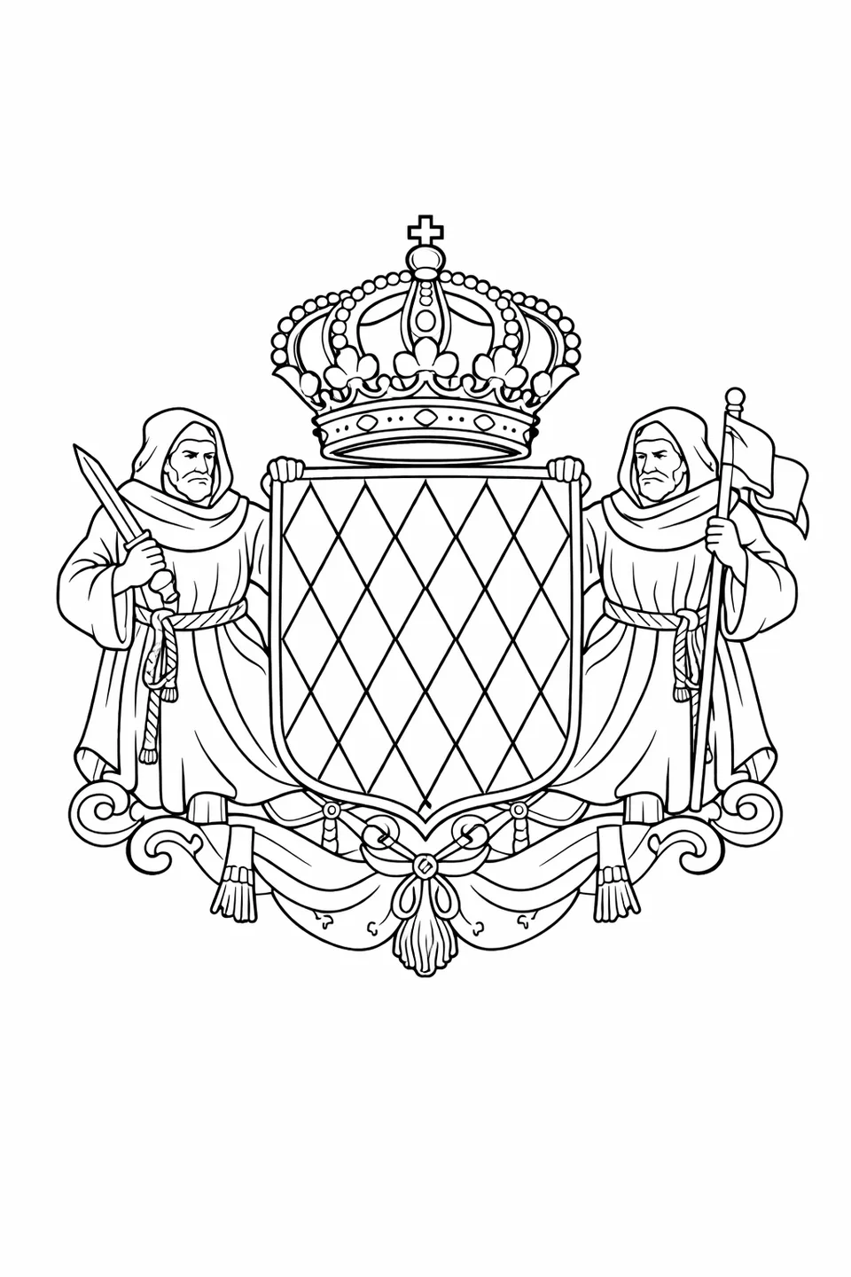 Monaco flag with the Grimaldi coat of arms featuring a diamond-patterned shield, two monk supporters, and a crown