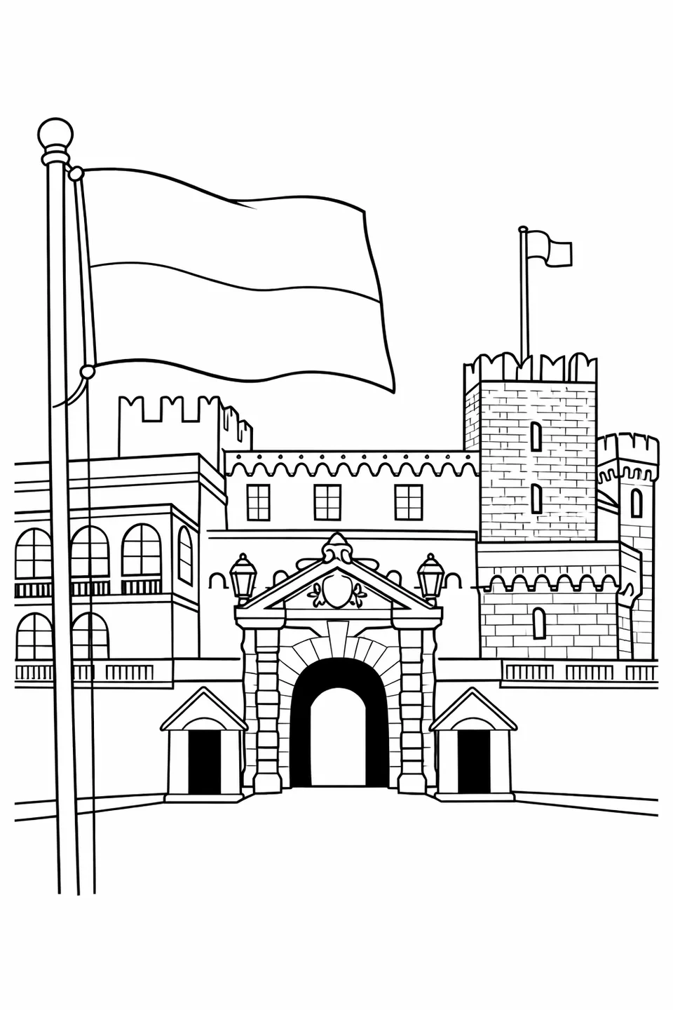 Monaco flag on a pole in front of the Prince's Palace with its stone arch and towers behind