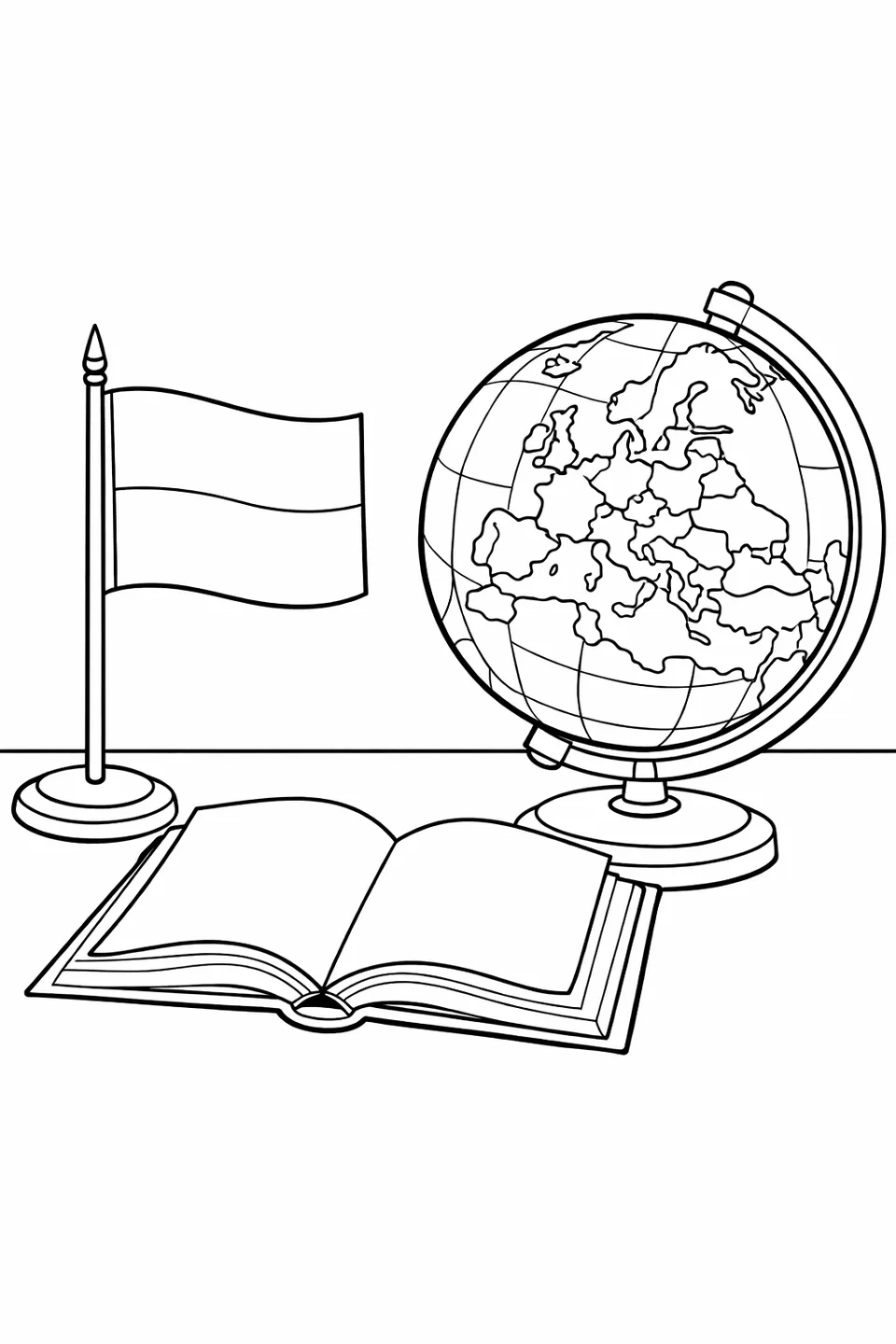Small Monaco flag on a stand next to a globe showing Europe and an open book on a desk