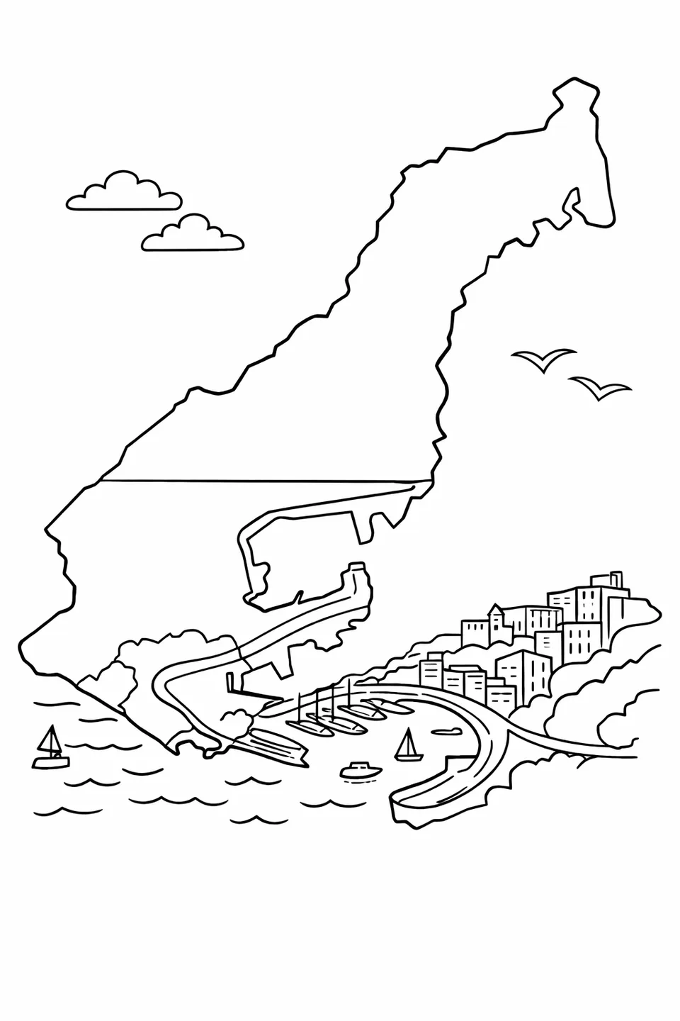 Outline map of Monaco split into two horizontal halves representing the flag's red and white colors with the coastline visible