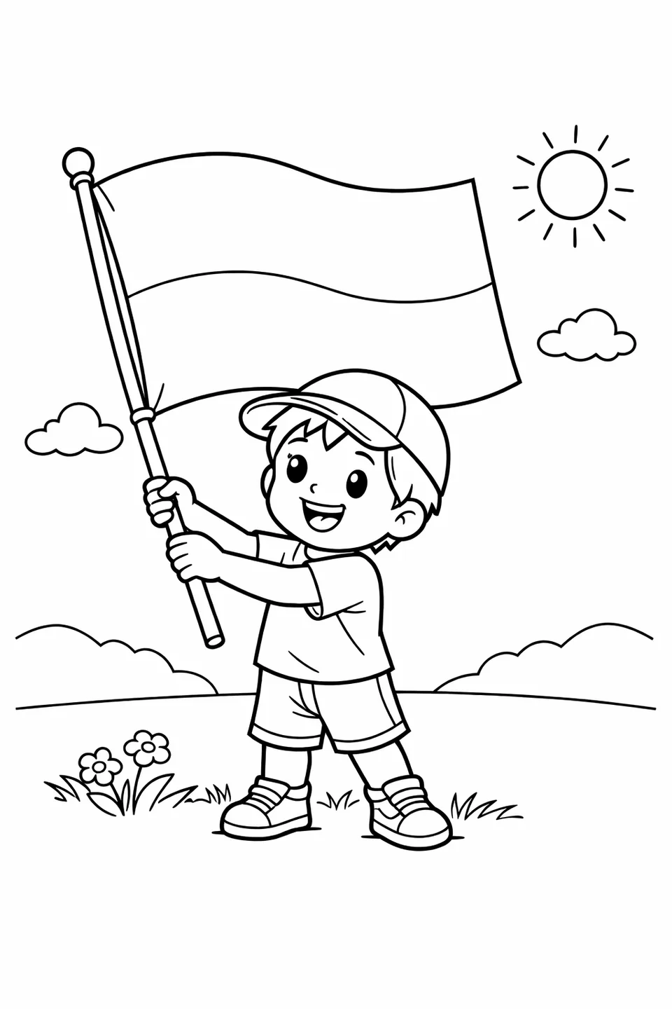 Child holding a large Monaco flag on a stick with both hands outdoors