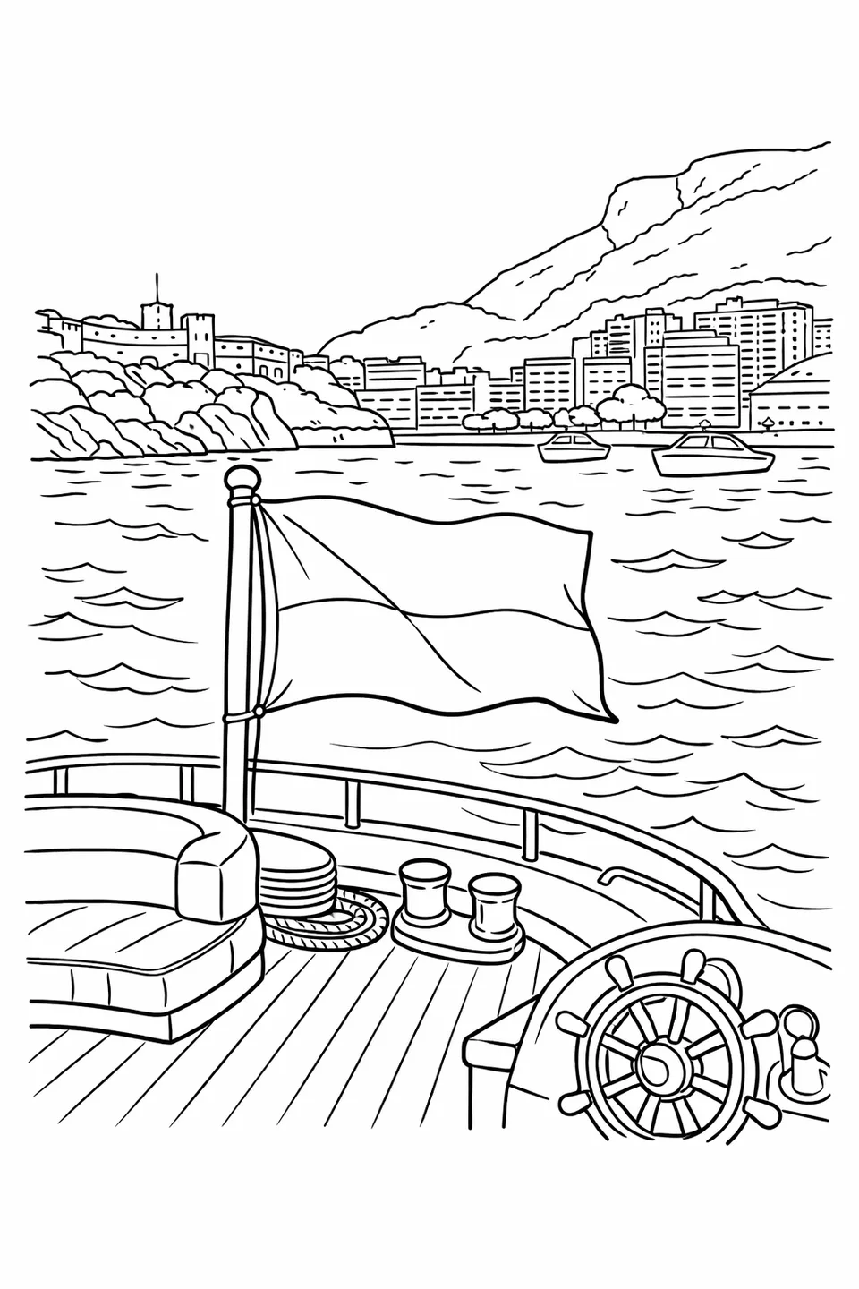 Monaco flag mounted on a yacht sailing through a harbor with a waterfront building line in the background