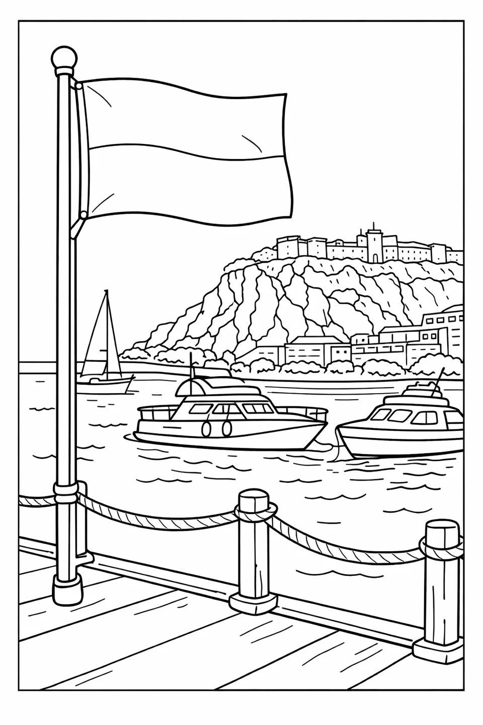 Monaco flag on a pier flagpole with moored boats and the rocky Monaco promontory in the background