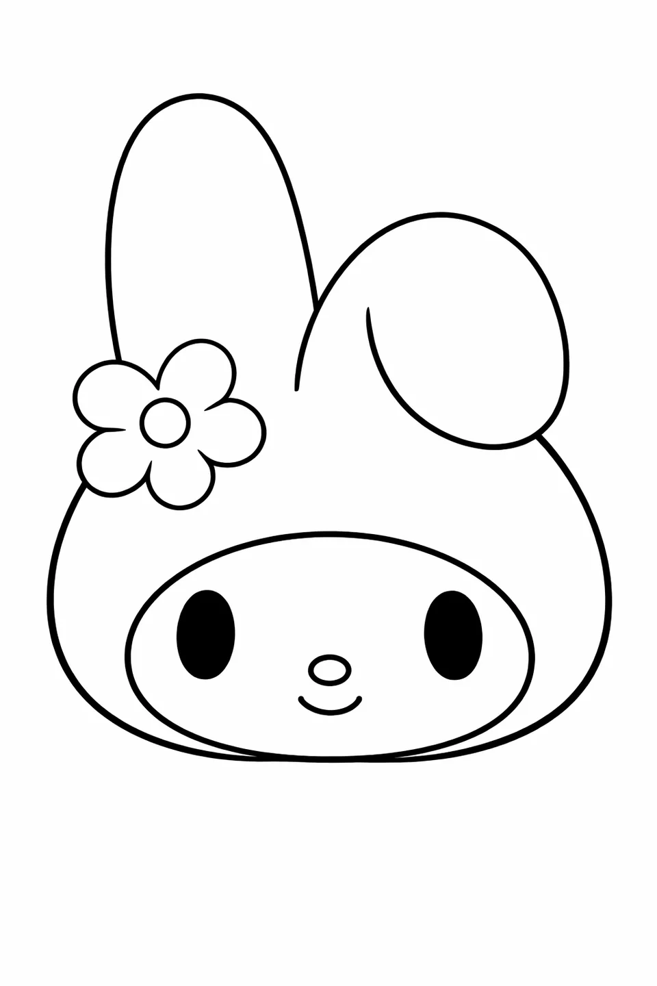 Close-up portrait of My Melody's face with her hood and a flower beside her ear