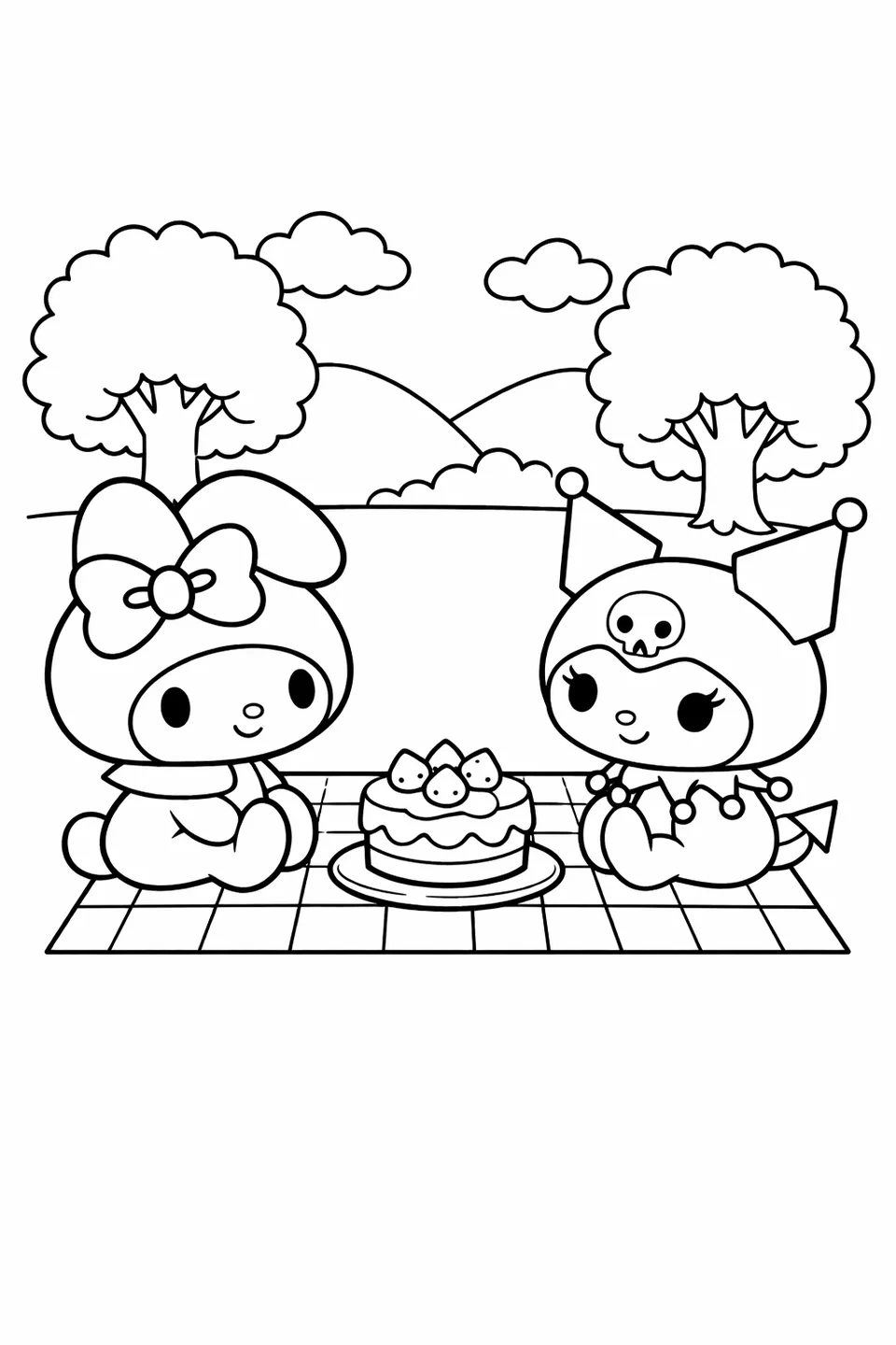 My Melody and Kuromi sitting on a picnic blanket with a small cake between them