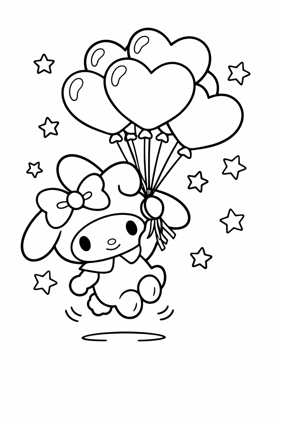 My Melody holding a bunch of heart-shaped balloons and lifting slightly off the ground