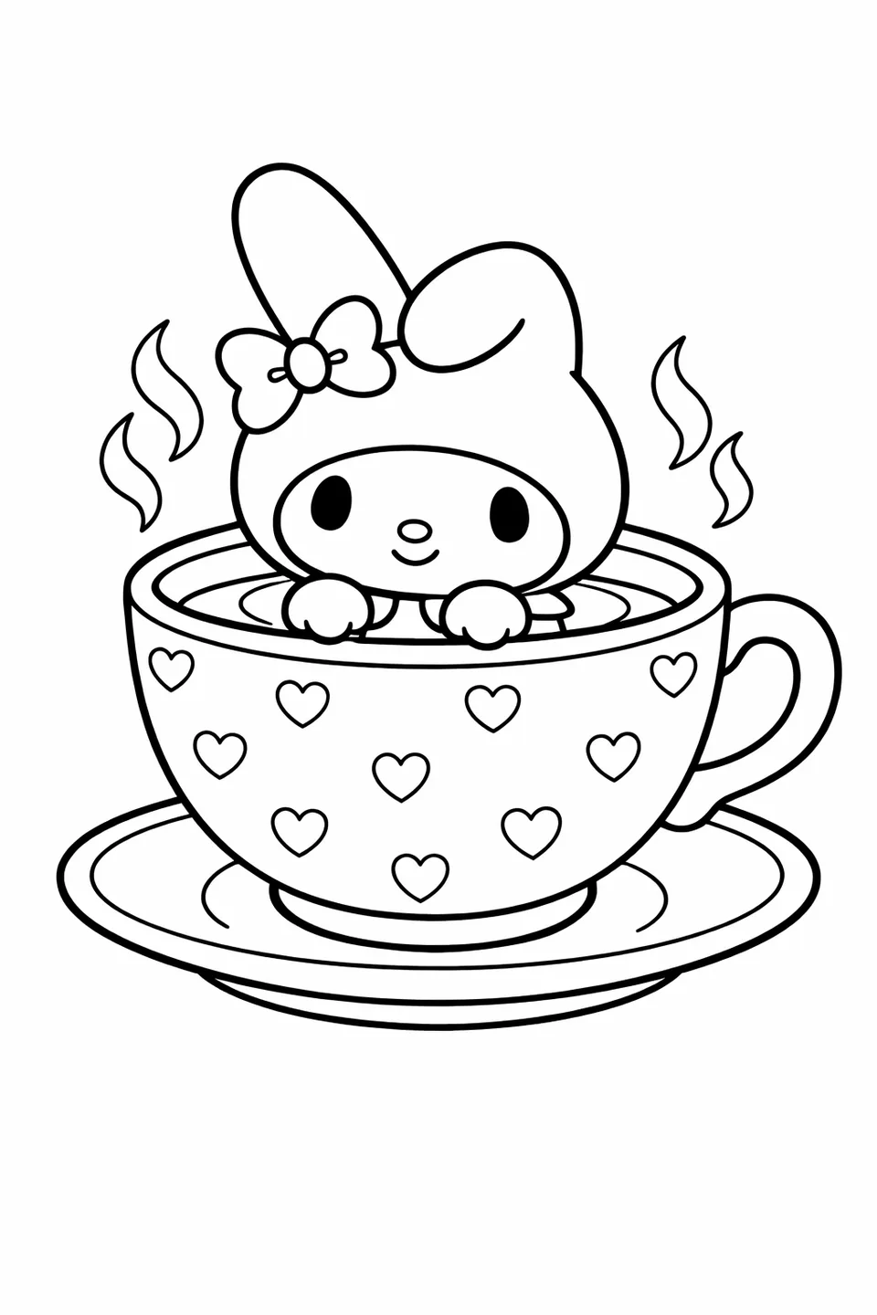 My Melody sitting inside a large teacup with a heart pattern and steam rising