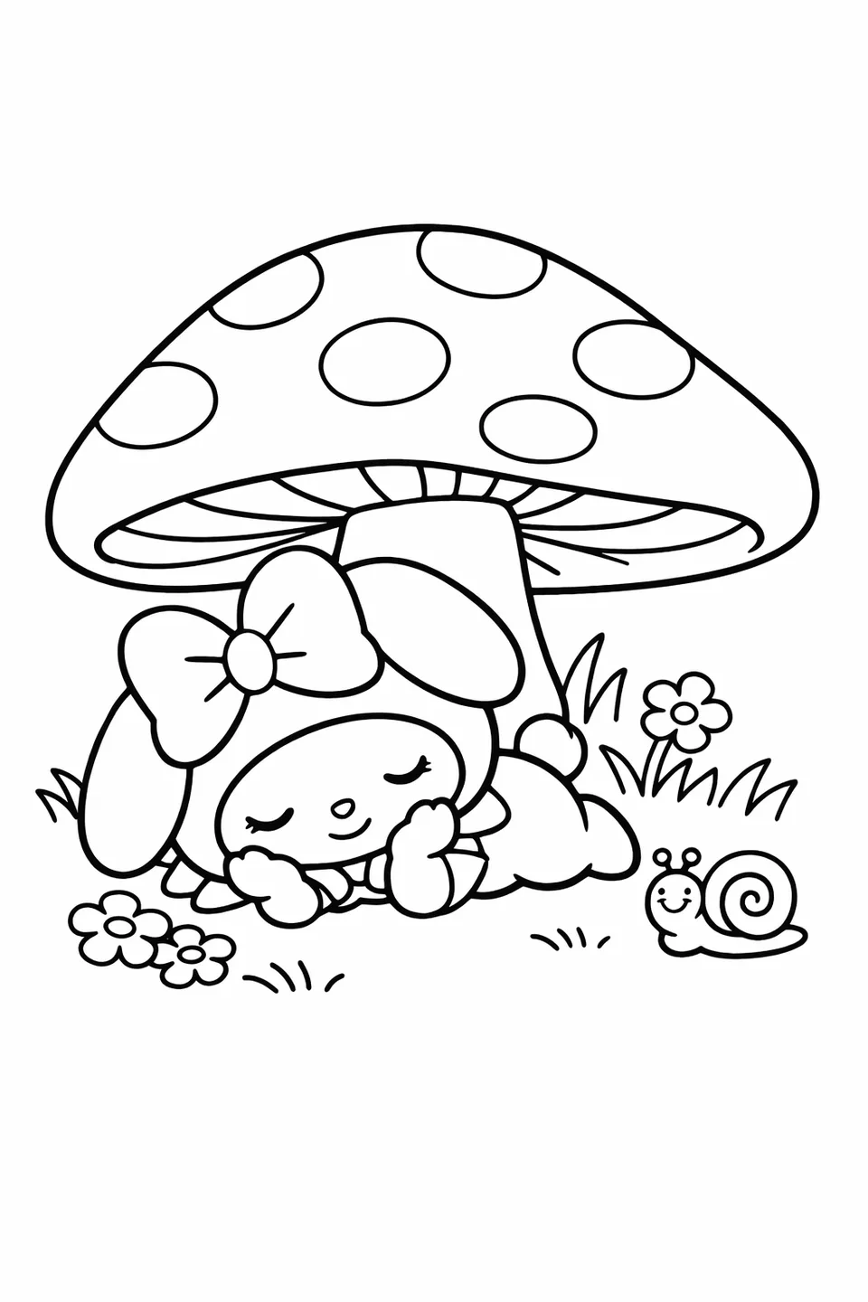 My Melody sleeping under a large spotted mushroom with a snail nearby
