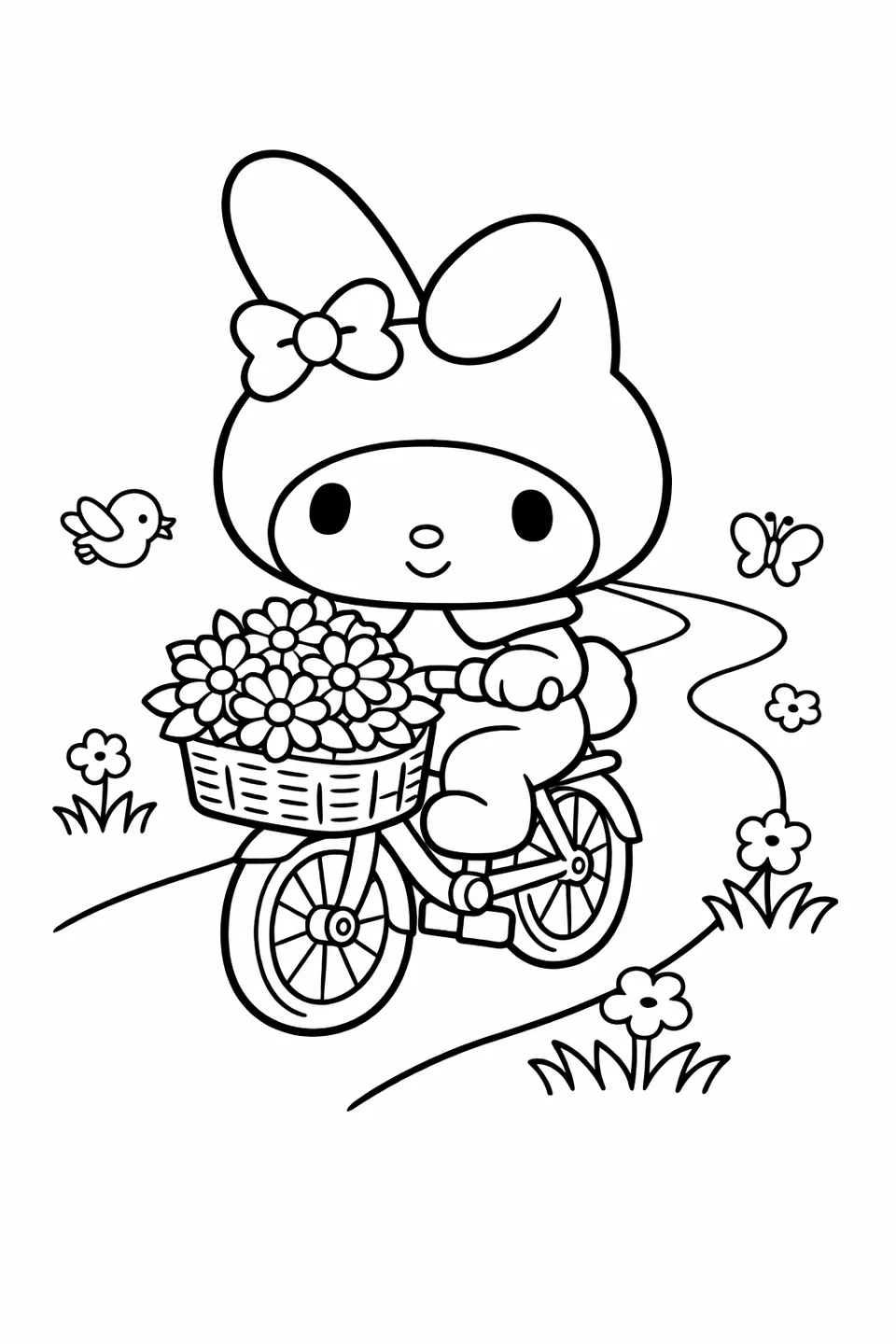 My Melody riding a bicycle with daisies in the front basket on a winding path