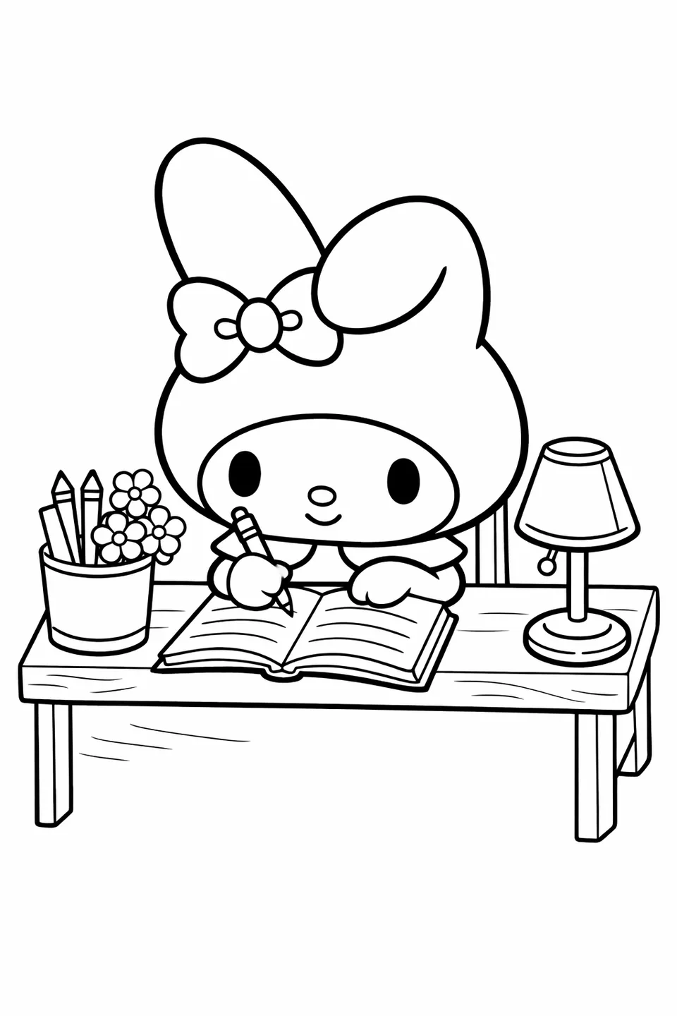 My Melody writing in an open notebook at a desk with a lamp and pencil holder