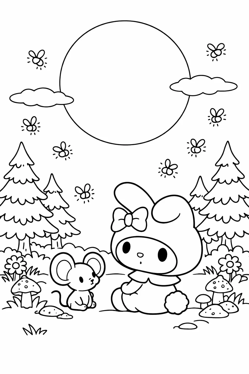 My Melody and Flat the mouse in a forest clearing looking up at a full moon