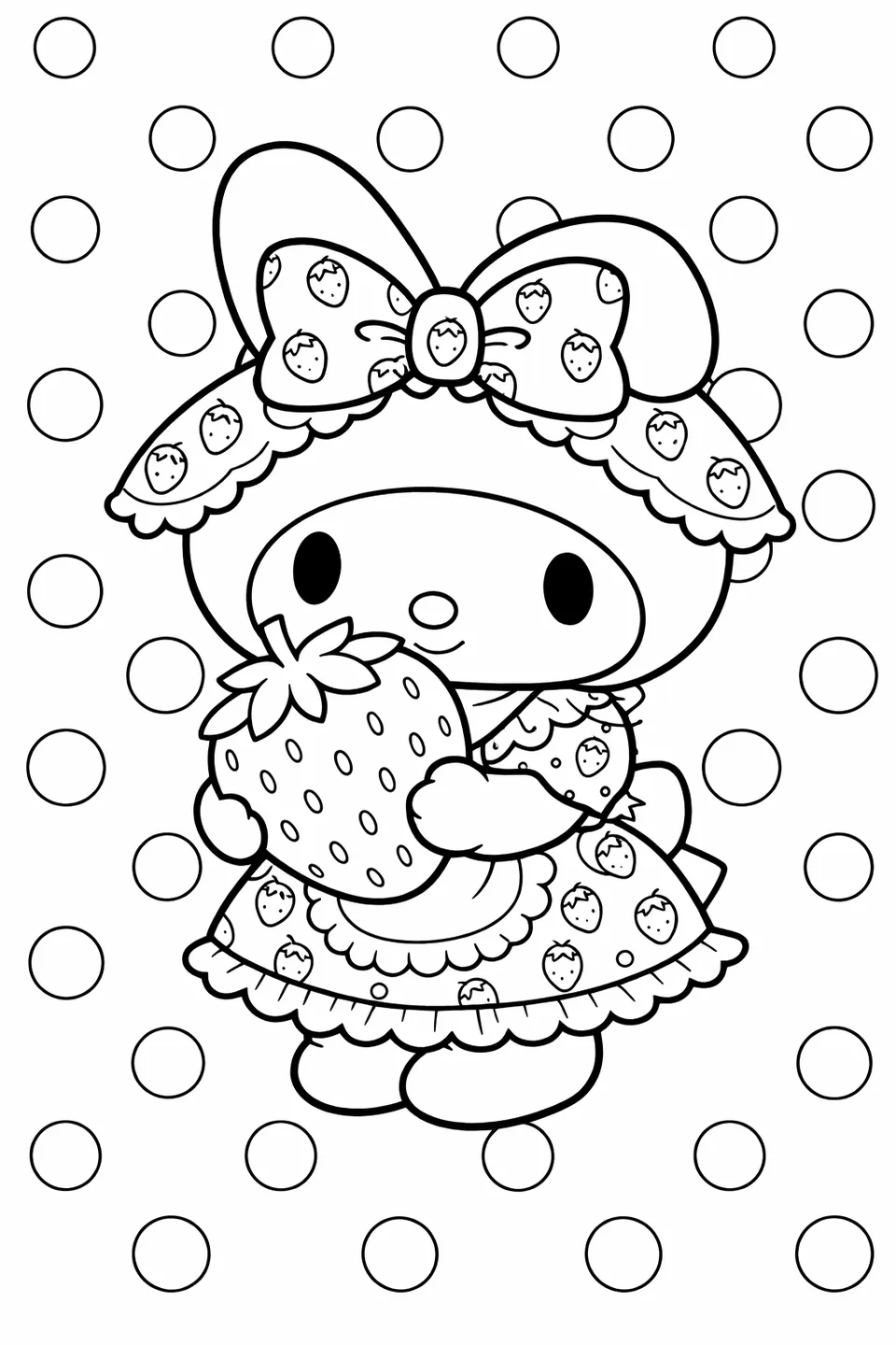 My Melody in a strawberry-print dress holding a large strawberry