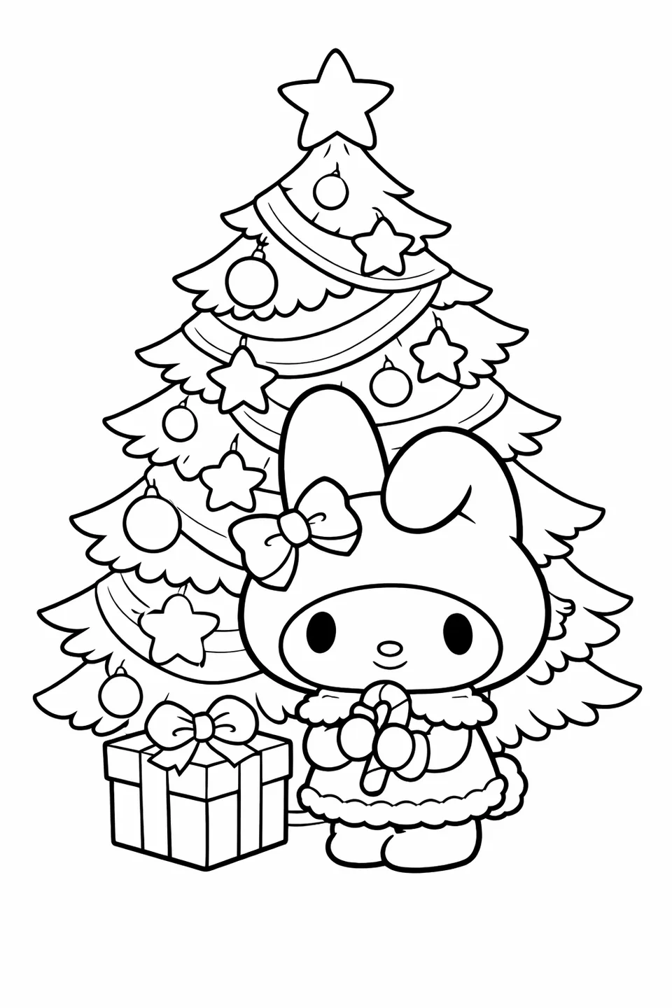 My Melody standing in front of a Christmas tree with star ornaments and a gift