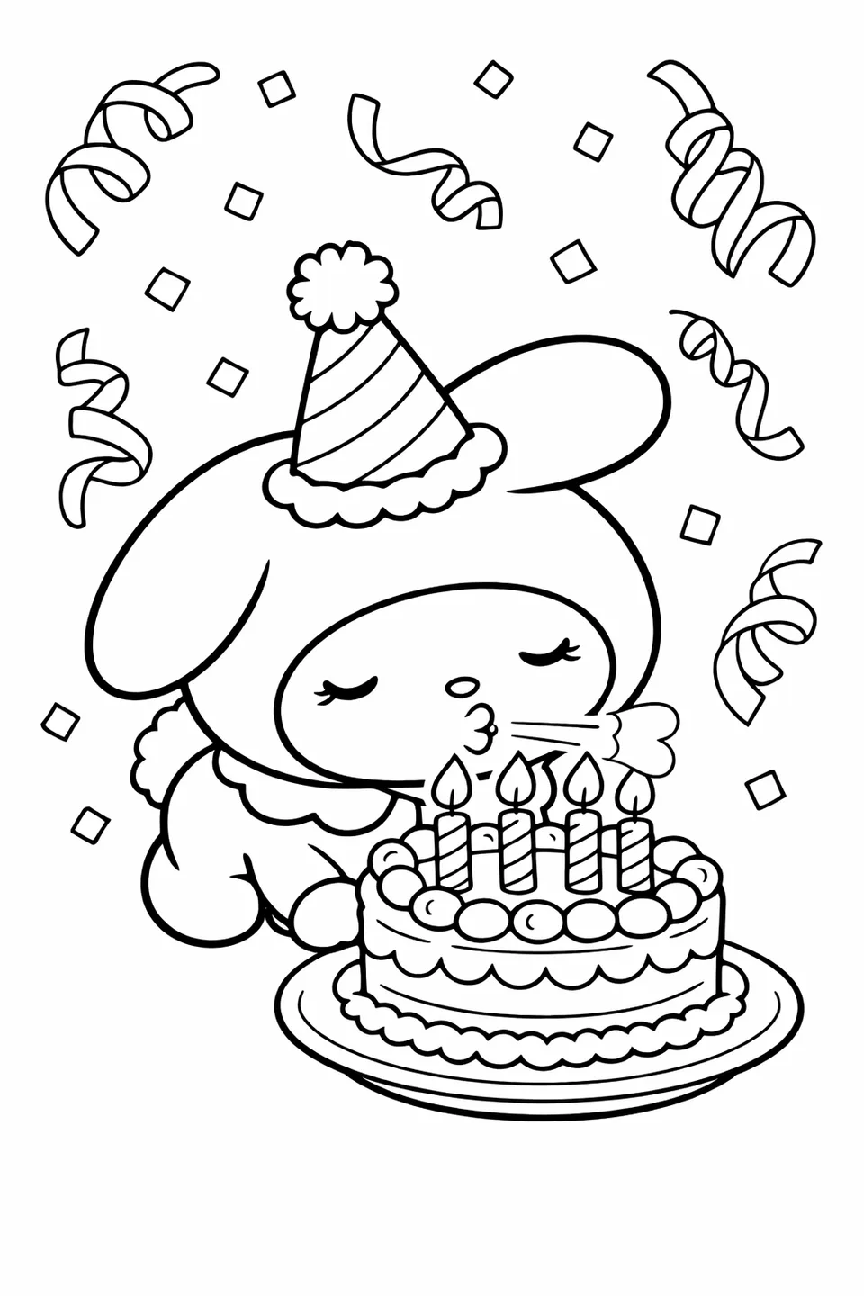 My Melody in a party hat blowing candles on a birthday cake with falling confetti