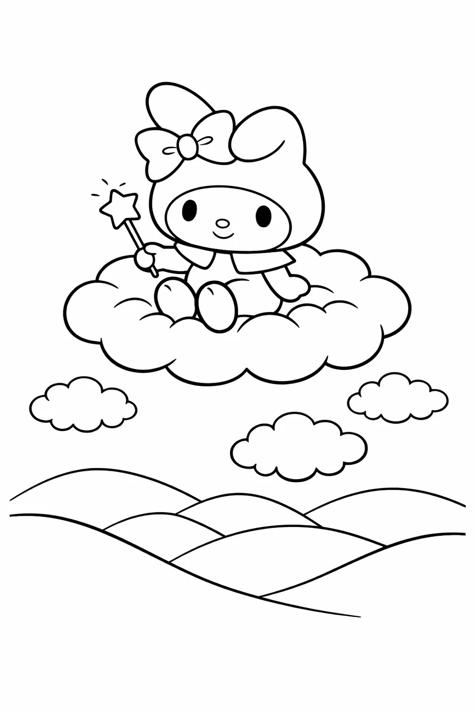 My Melody sitting on a pink cloud with a star wand above rolling hills