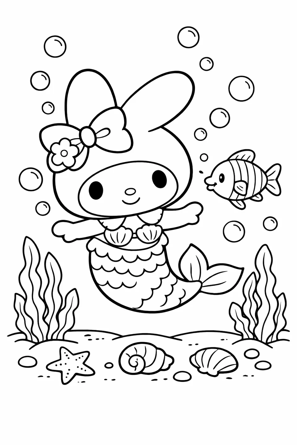 My Melody in an underwater scene with bubbles, a fish, seaweed, and shells