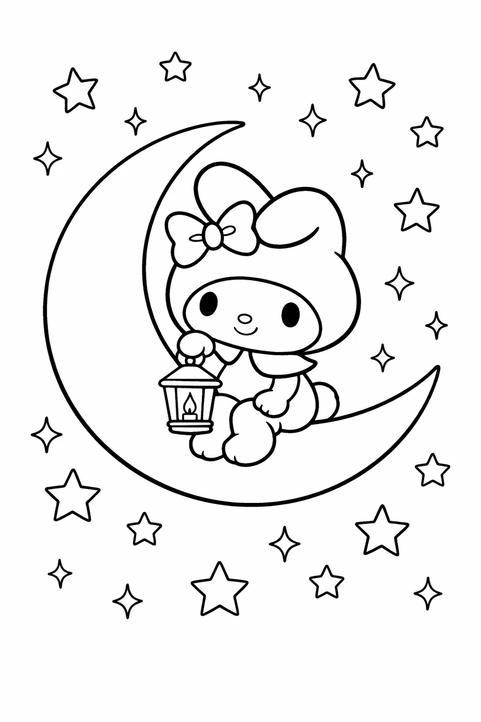 My Melody sitting on a crescent moon holding a small lantern with stars in the background