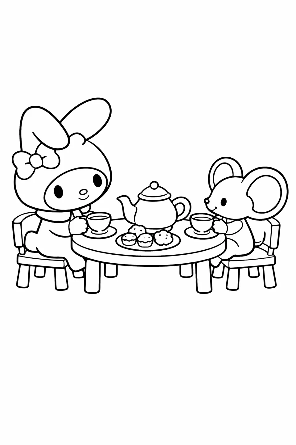 My Melody and Flat sitting at a tea party table with a teapot and teacups